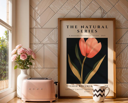 Coral Tulip Art Print • Bold Modern Floral on Black wall art print, modern home decor, unframed artwork by Nomad & Nest