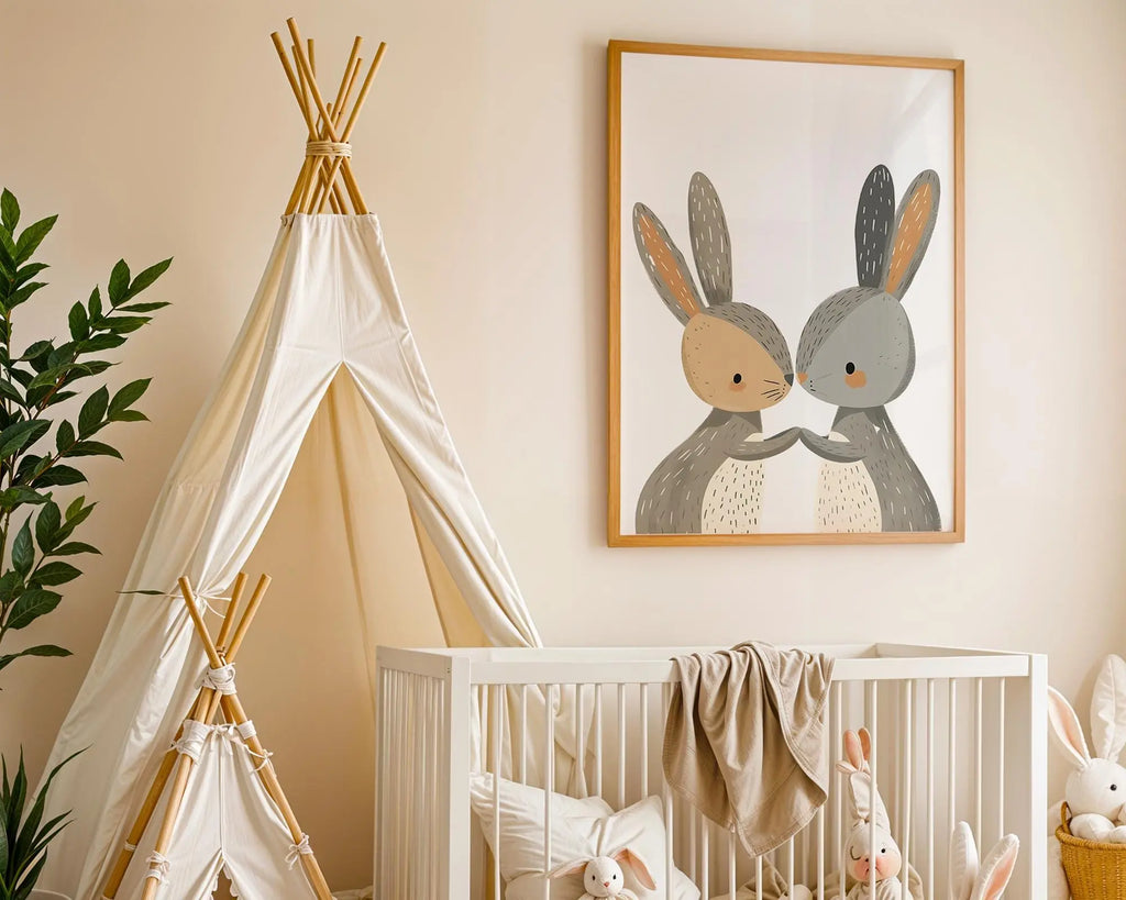 Playroom Ideas | Bunny Friends Nursery Wall Art | Boho Woodland Baby Print wall art print, modern home decor, unframed artwork by Nomad & Nest