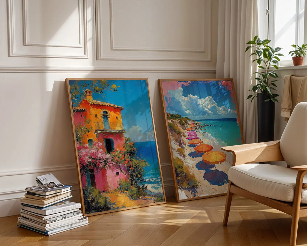 Colourful Prints | Italian Villa & Beach Umbrellas Print Set | Summer Coastal Wall Art (Set of 2) wall art print, modern home decor, unframed artwork by Nomad & Nest