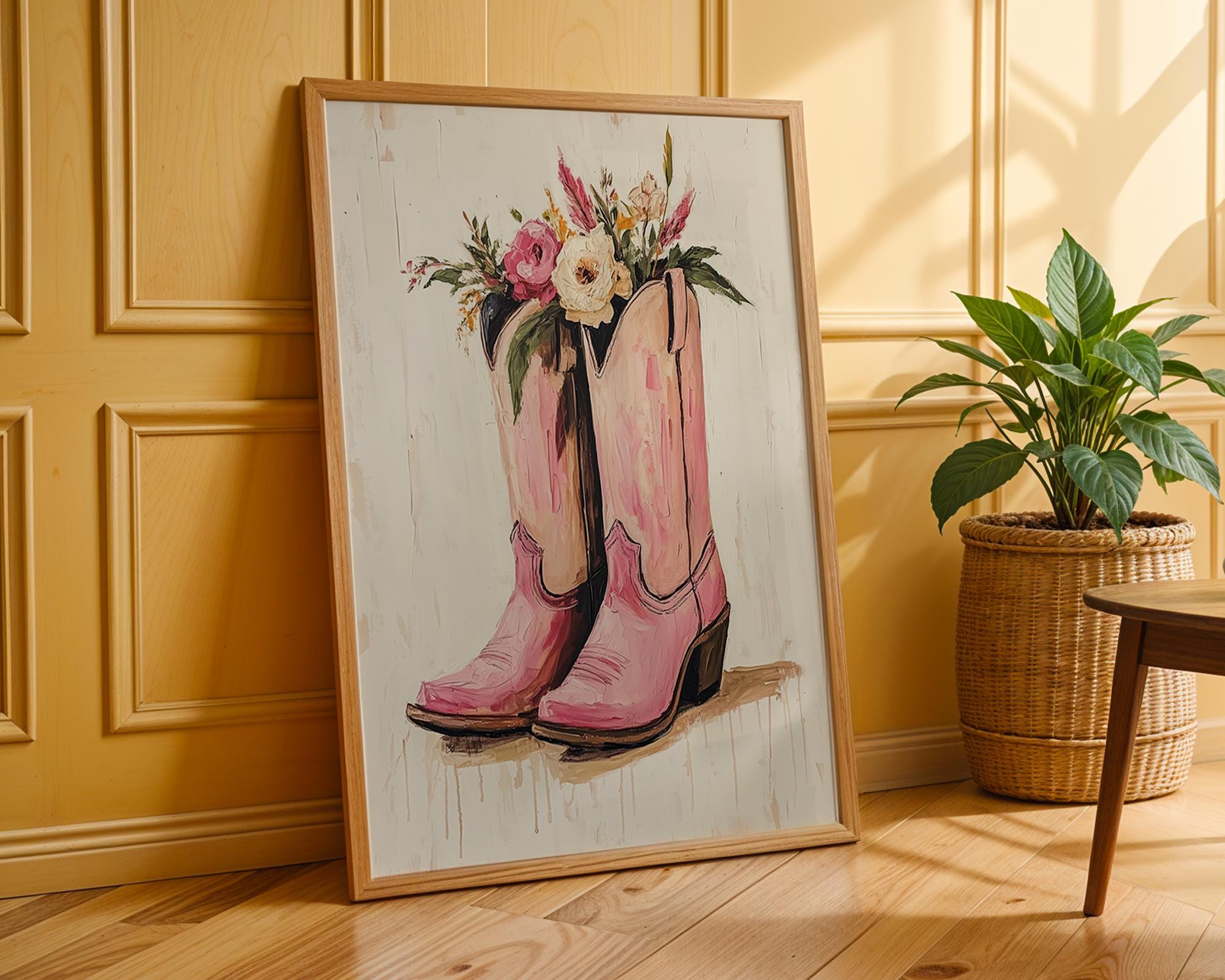 Pink Cowboy Boots with Flowers Print | Floral Western Wall Art wall art print, modern home decor, unframed artwork by Nomad & Nest