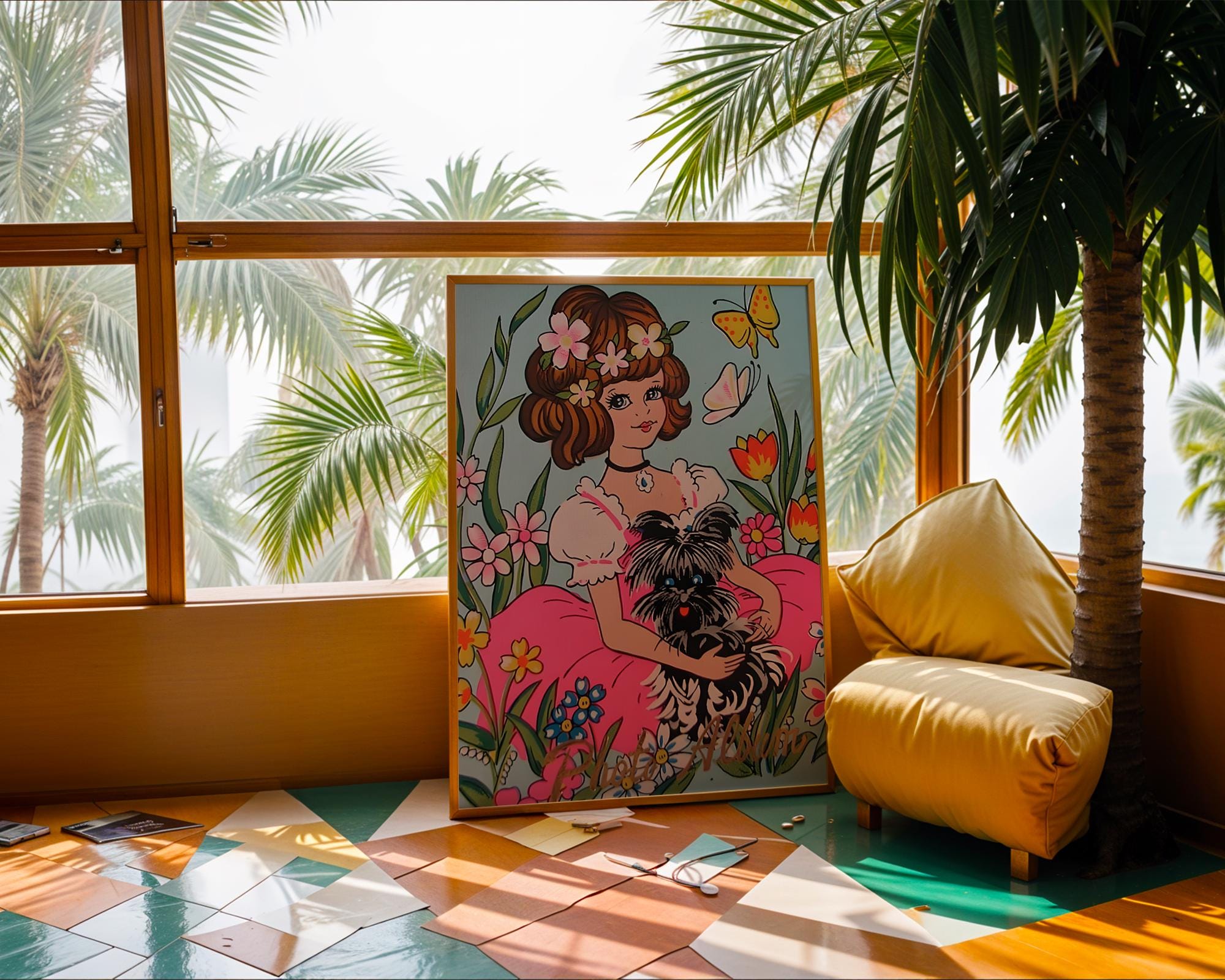 Girl and Dog Art Print | 70s Floral Illustration, Kawaii Home Decor wall art print, modern home decor, unframed artwork by Nomad & Nest