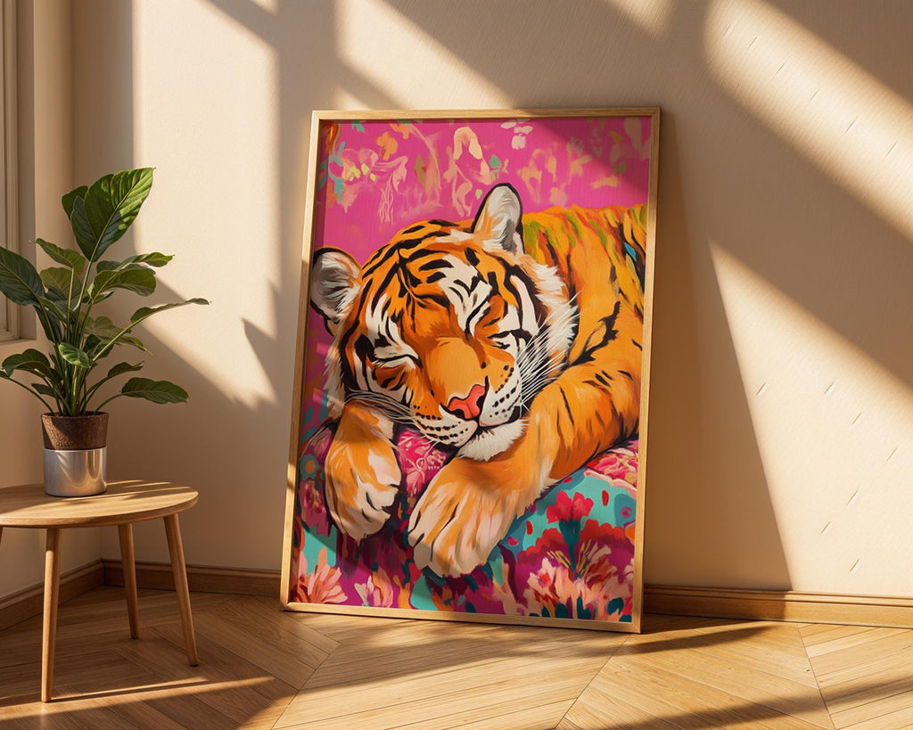 Sleeping Tiger Art Print | Pink Floral Cushion, Whimsical Jungle Decor wall art print, modern home decor, unframed artwork by Nomad & Nest