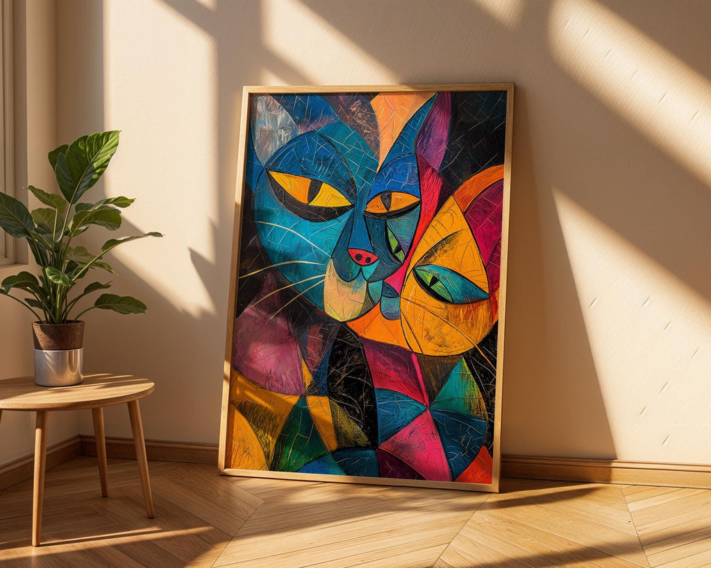 Cubist Cat Art Print | Colourful Geometric Feline Home Decor wall art print, modern home decor, unframed artwork by Nomad & Nest