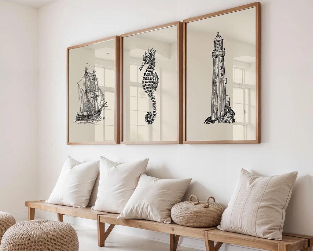 Colourful Prints | Nautical Sketch Print Set | Vintage Ship, Seahorse, Lighthouse Coastal Wall Art wall art print, modern home decor, unframed artwork by Nomad & Nest