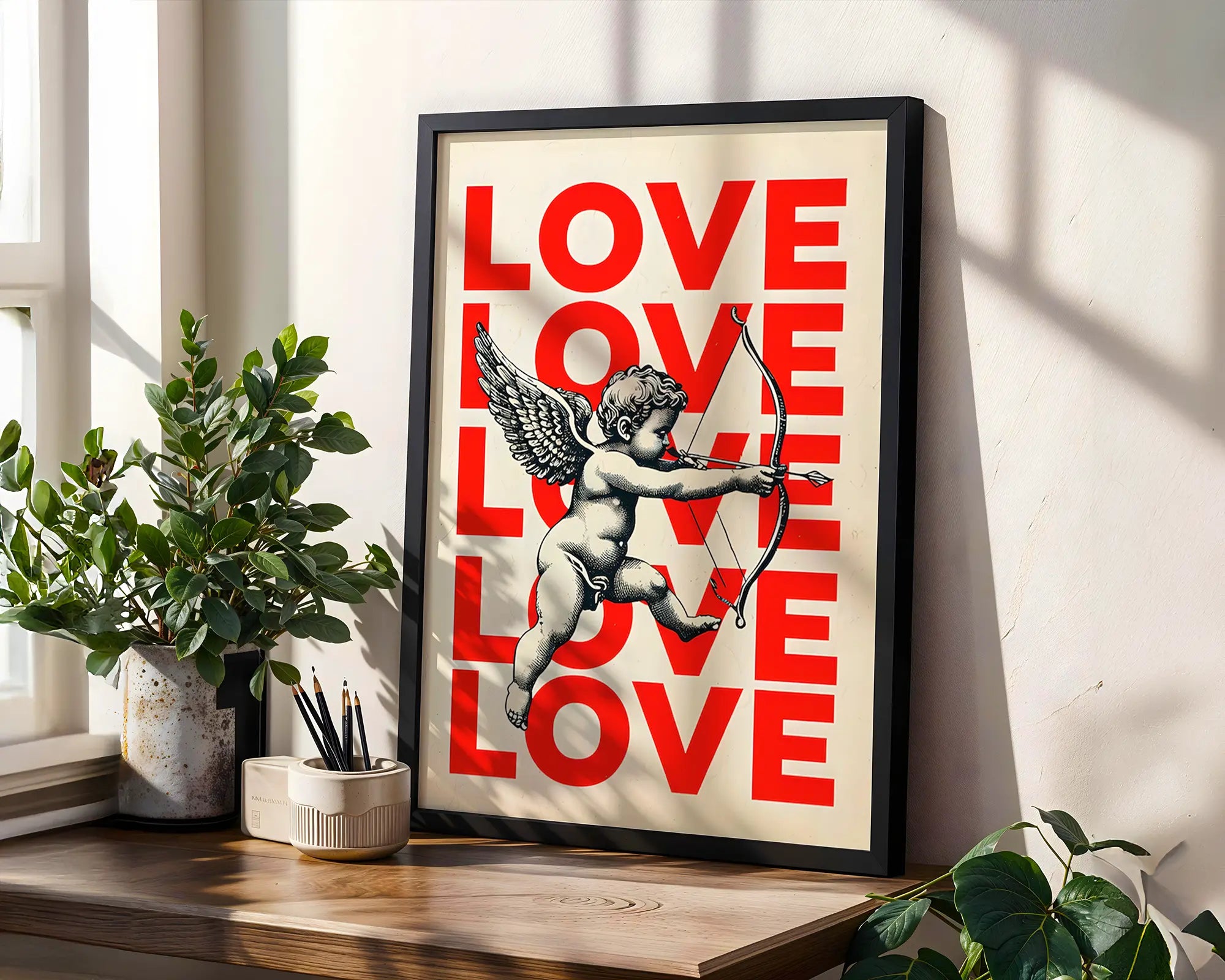 Positive Emotion | Love Love Love Cupid Wall Art | Romantic Vintage Illustration | Bold Typography Poster wall art print, modern home decor, unframed artwork by Nomad & Nest