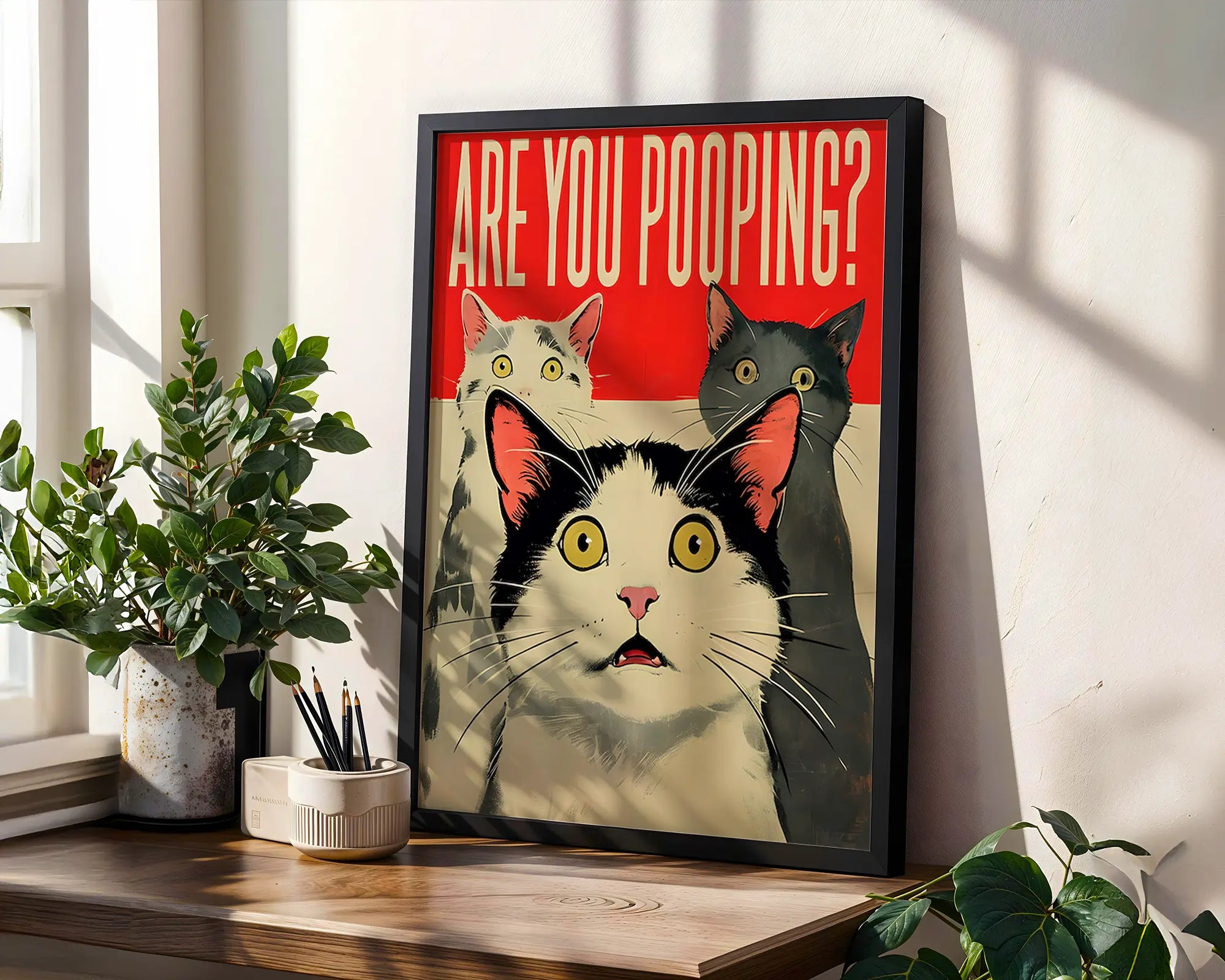 Positive Emotion | Are You Pooping Cat Wall Art | Funny Bathroom Poster | Quirky Pet Humor Print wall art print, modern home decor, unframed artwork by Nomad & Nest
