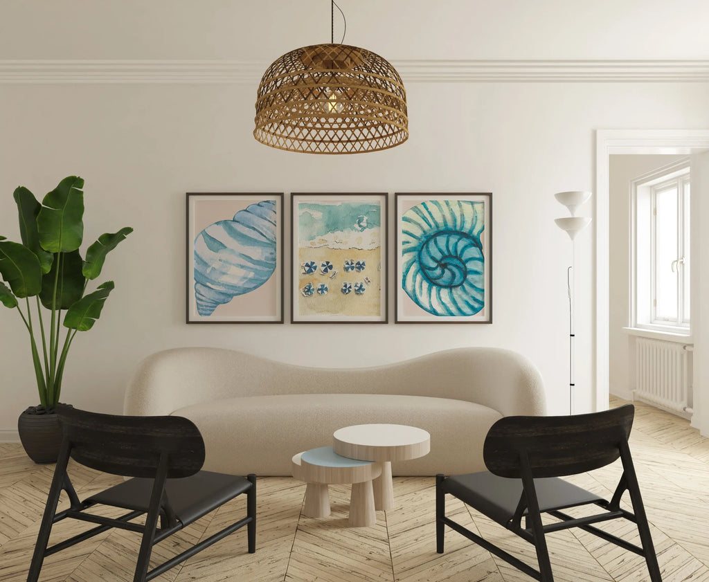 Colourful Prints | Beach Wall Art Prints | Nautical Seashell & Umbrella Watercolour (Set of 3) wall art print, modern home decor, unframed artwork by Nomad & Nest