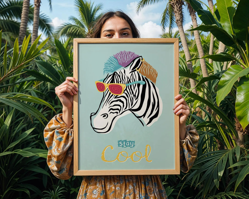Cool Zebra Art Print | Fun Animal Poster with Sunglasses wall art print, modern home decor, unframed artwork by Nomad & Nest