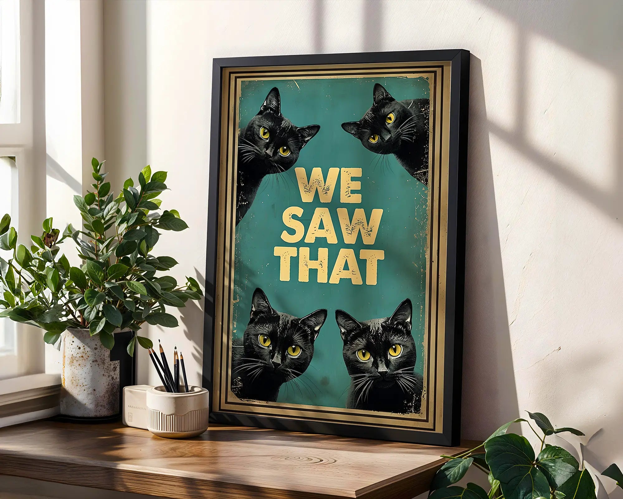 Positive Emotion | We Saw That Cat Wall Art | Funny Judgmental Cats Poster | Retro Humor Decor wall art print, modern home decor, unframed artwork by Nomad & Nest