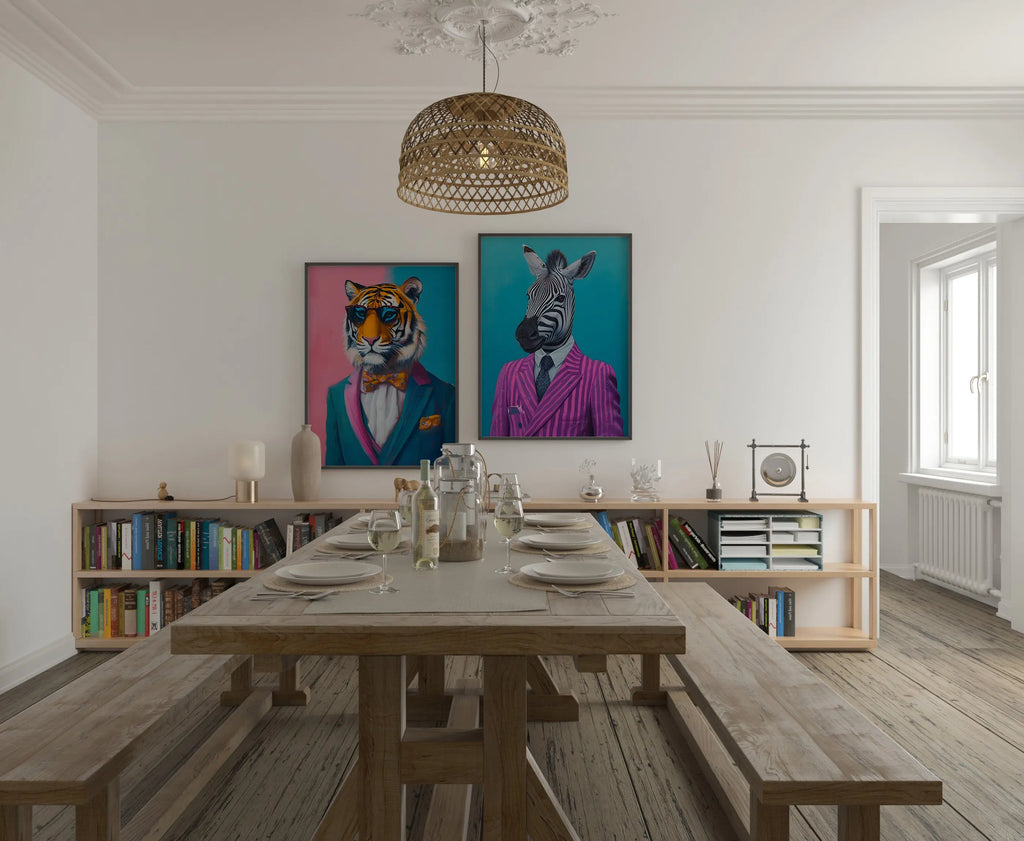 Colourful Prints | Zebra and Tiger Dressed in Suits | Animal Portrait (Set of 2) wall art print, modern home decor, unframed artwork by Nomad & Nest