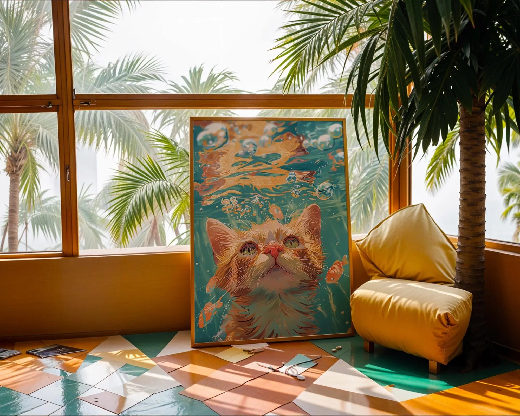 Kitten Underwater Wall Art | Playful Cat Illustration Print wall art print, modern home decor, unframed artwork by Nomad & Nest