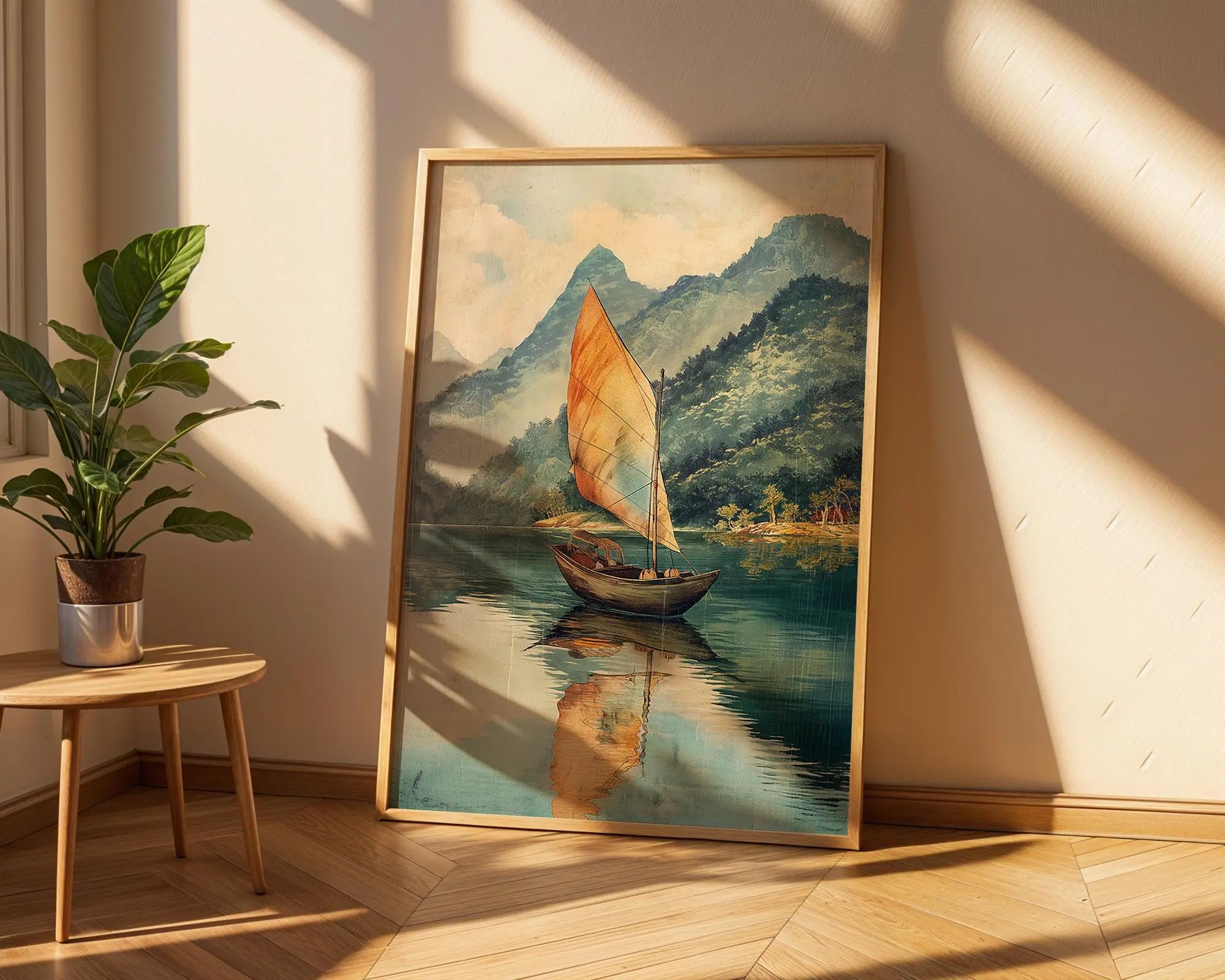 Vintage Sailing Boat Print | Serene Ocean Landscape, Coastal Art wall art print, modern home decor, unframed artwork by Nomad & Nest