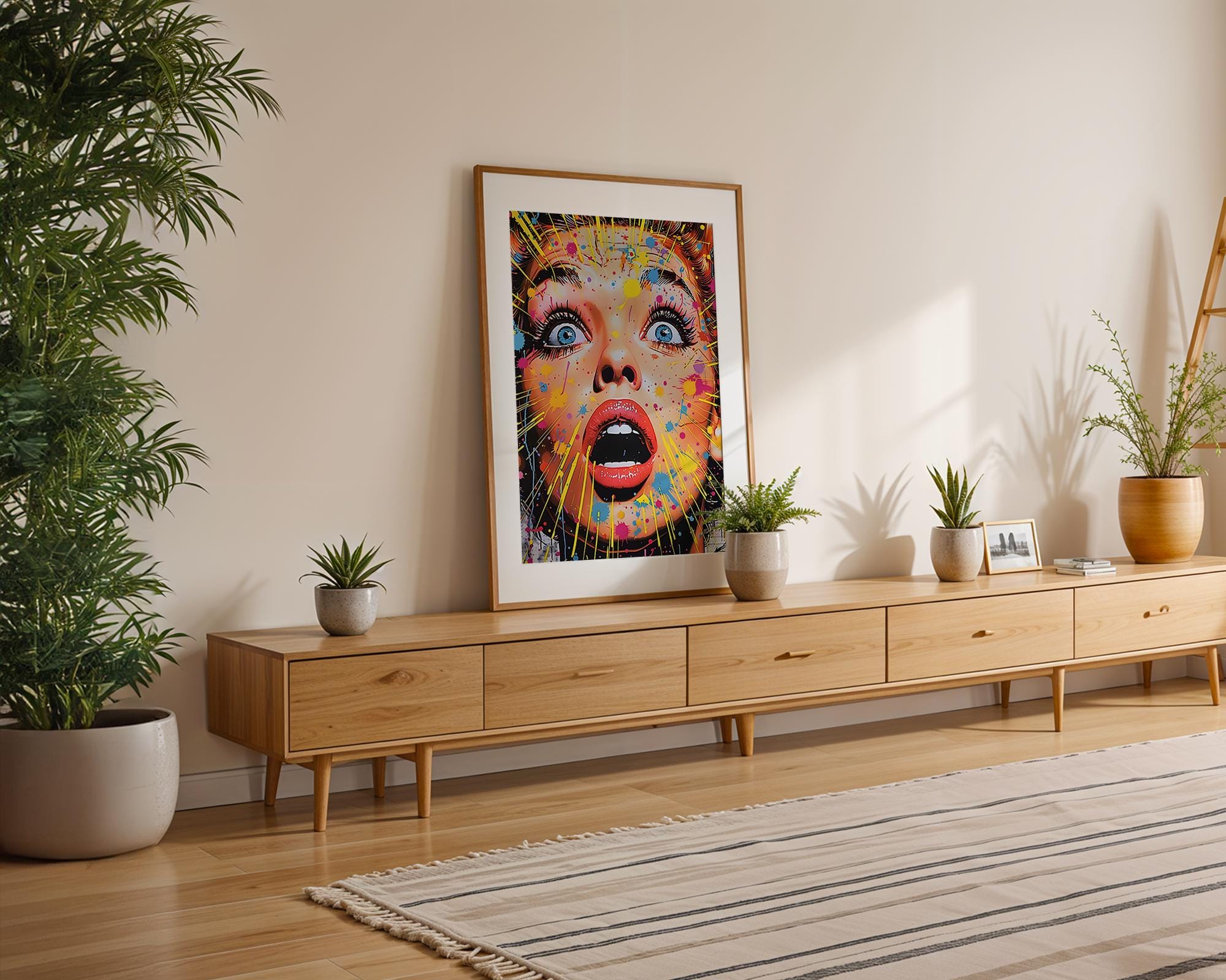 Modern Pop Art | Woman Poster | Shocked Expression, Colorful Paint Splatter wall art print, modern home decor, unframed artwork by Nomad & Nest