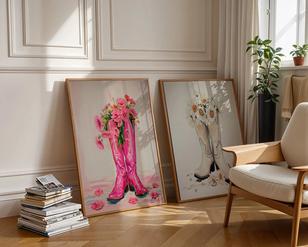 Colourful Prints | Cowgirl Boots Floral Art Prints | Western Home Decor (Set of 2) wall art print, modern home decor, unframed artwork by Nomad & Nest