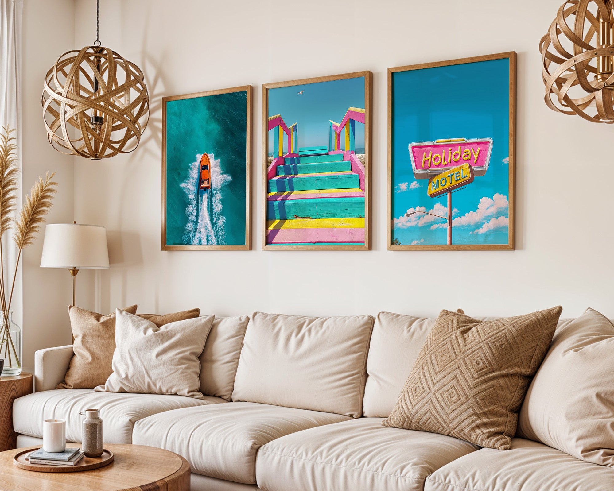 Colourful Prints | Retro Motel Wall Art Set | Vintage Summer Beach Prints Trio (Set of 3) wall art print, modern home decor, unframed artwork by Nomad & Nest