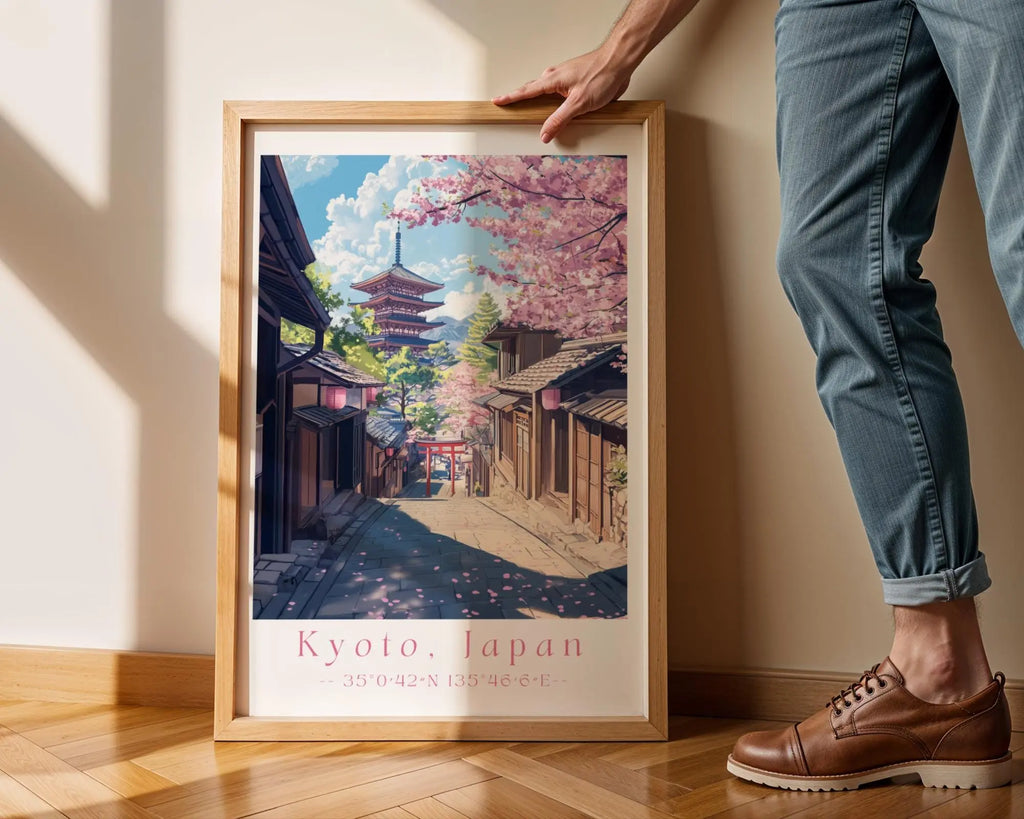 Kyoto Japan Print – Cherry Blossom, Temple Street Scene wall art print, modern home decor, unframed artwork by Nomad & Nest