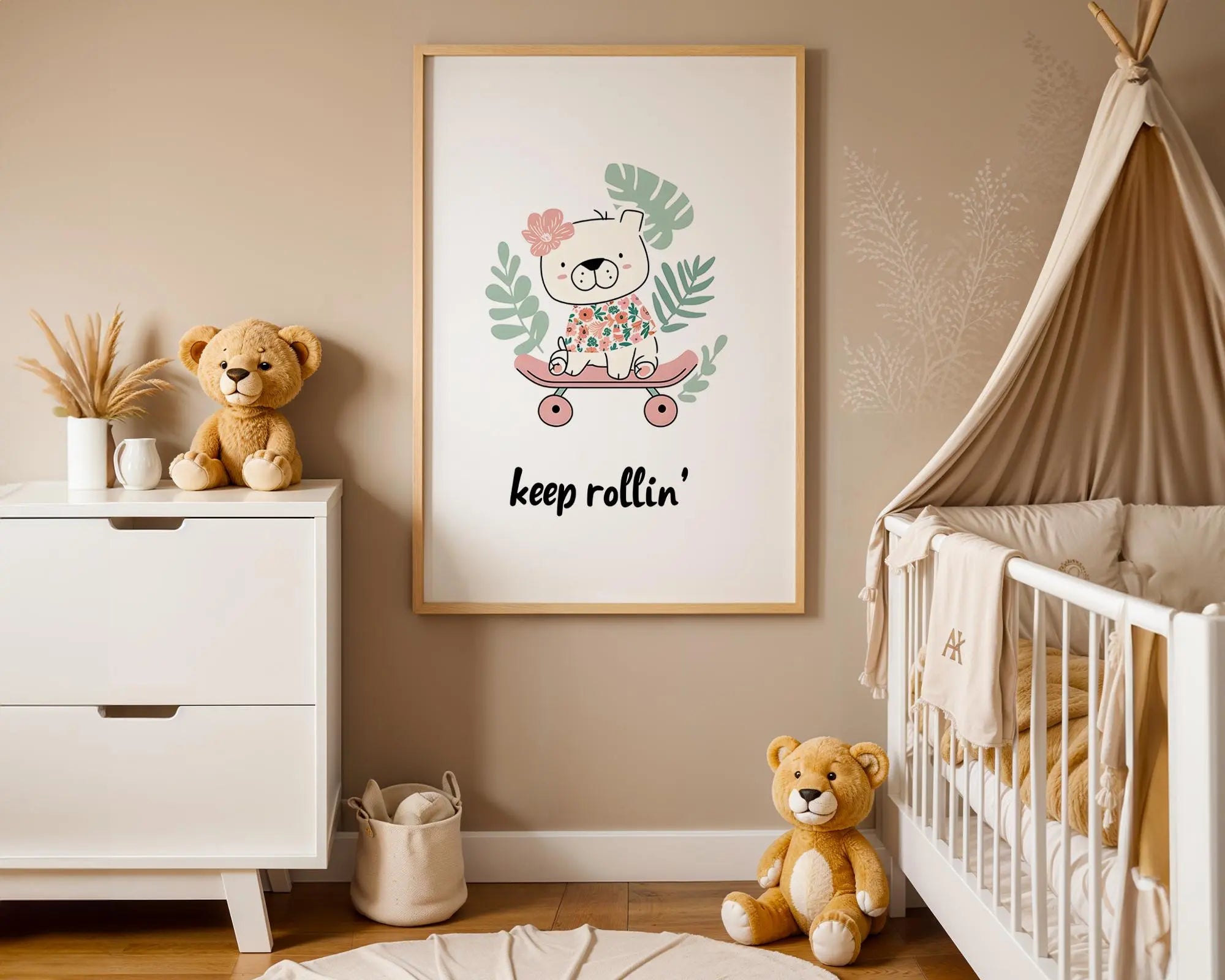 Playroom Ideas | Keep Rollin Nursery Wall Art | Boho Skate Bear Print wall art print, modern home decor, unframed artwork by Nomad & Nest