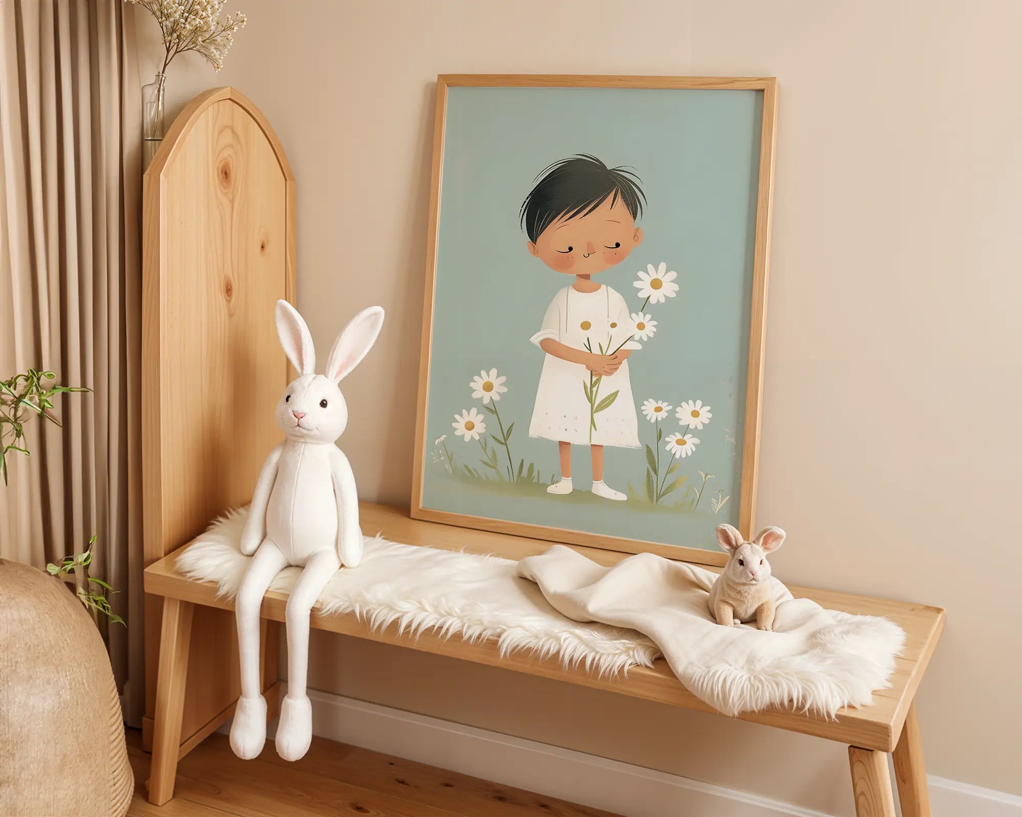 Playroom Ideas | Child With Flowers Nursery Print | Soft Boho Wall Art wall art print, modern home decor, unframed artwork by Nomad & Nest