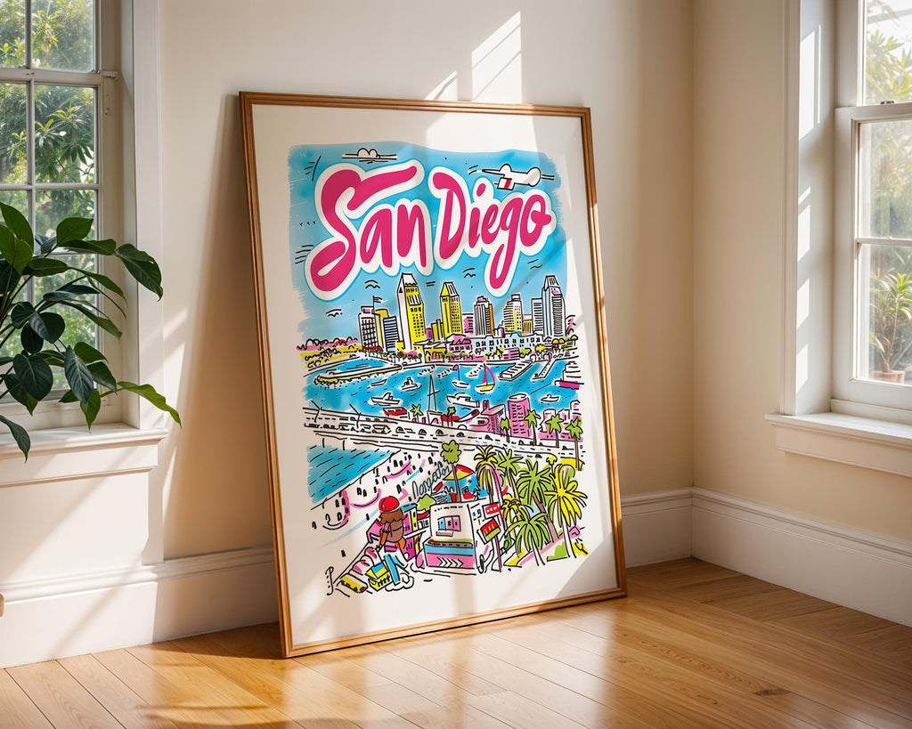 San Diego California Travel Poster | Colorful Coastal Skyline Art Print wall art print, modern home decor, unframed artwork by Nomad & Nest