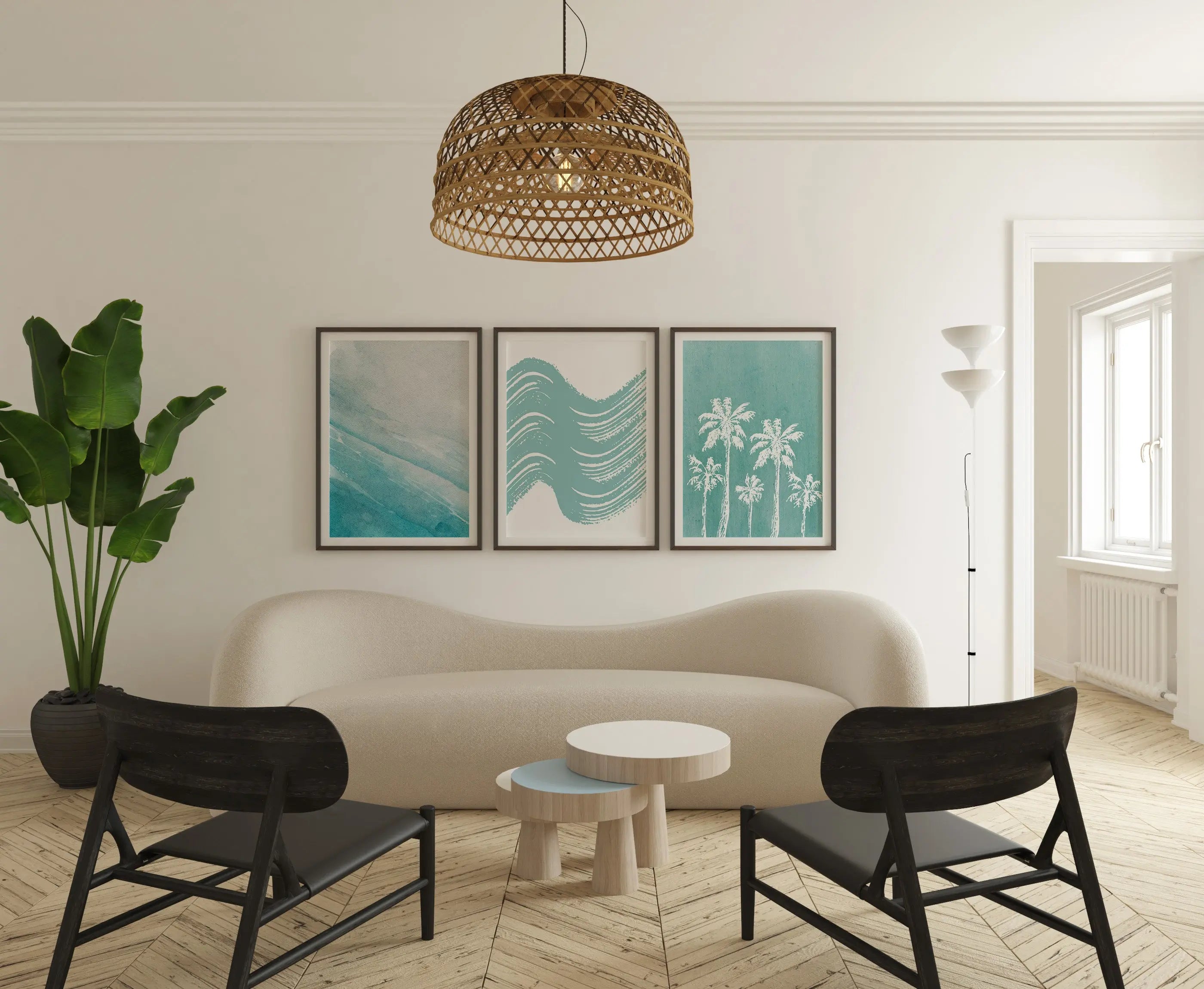 Colourful Prints | Coastal Palm Tree Print Set Ocean Waves, Boho Beach House Art (Set of 3) wall art print, modern home decor, unframed artwork by Nomad & Nest