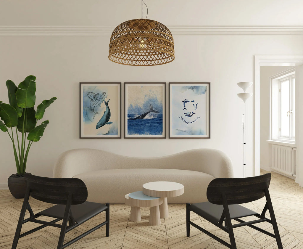 Colourful Prints | Whale and Dolphin Art, Blue Ocean Nursery Decor, Set of 3 wall art print, modern home decor, unframed artwork by Nomad & Nest