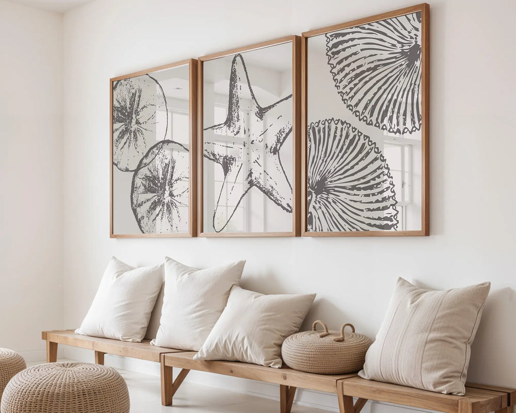 Colourful Prints | Coastal Print Set | Monochrome Sand Dollar, Starfish, Shell Wall Art (Set of 3) wall art print, modern home decor, unframed artwork by Nomad & Nest