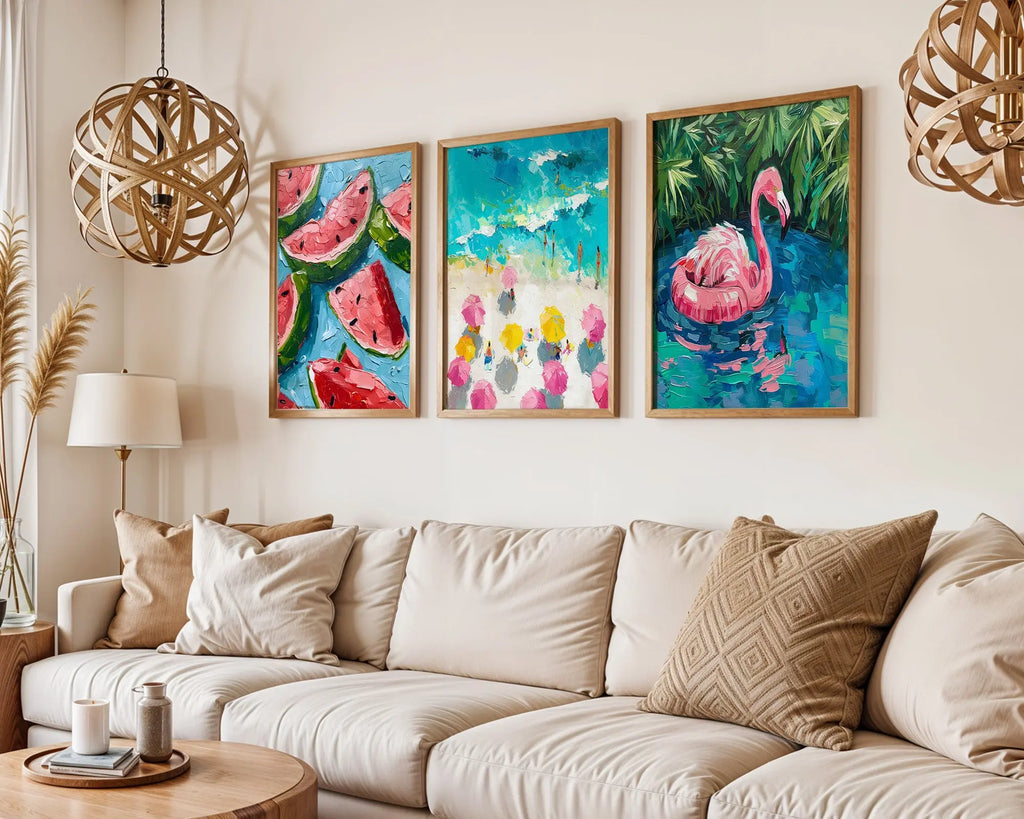 Colourful Prints | Summer Fruit & Flamingo Art Print Set | Mediterranean Wall DŽcor (Set of 3) wall art print, modern home decor, unframed artwork by Nomad & Nest