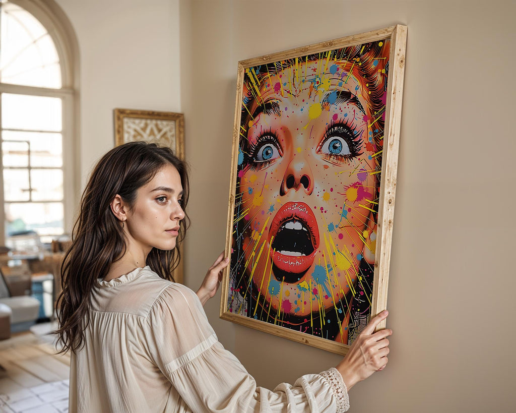 Modern Pop Art | Woman Poster | Shocked Expression, Colorful Paint Splatter wall art print, modern home decor, unframed artwork by Nomad & Nest