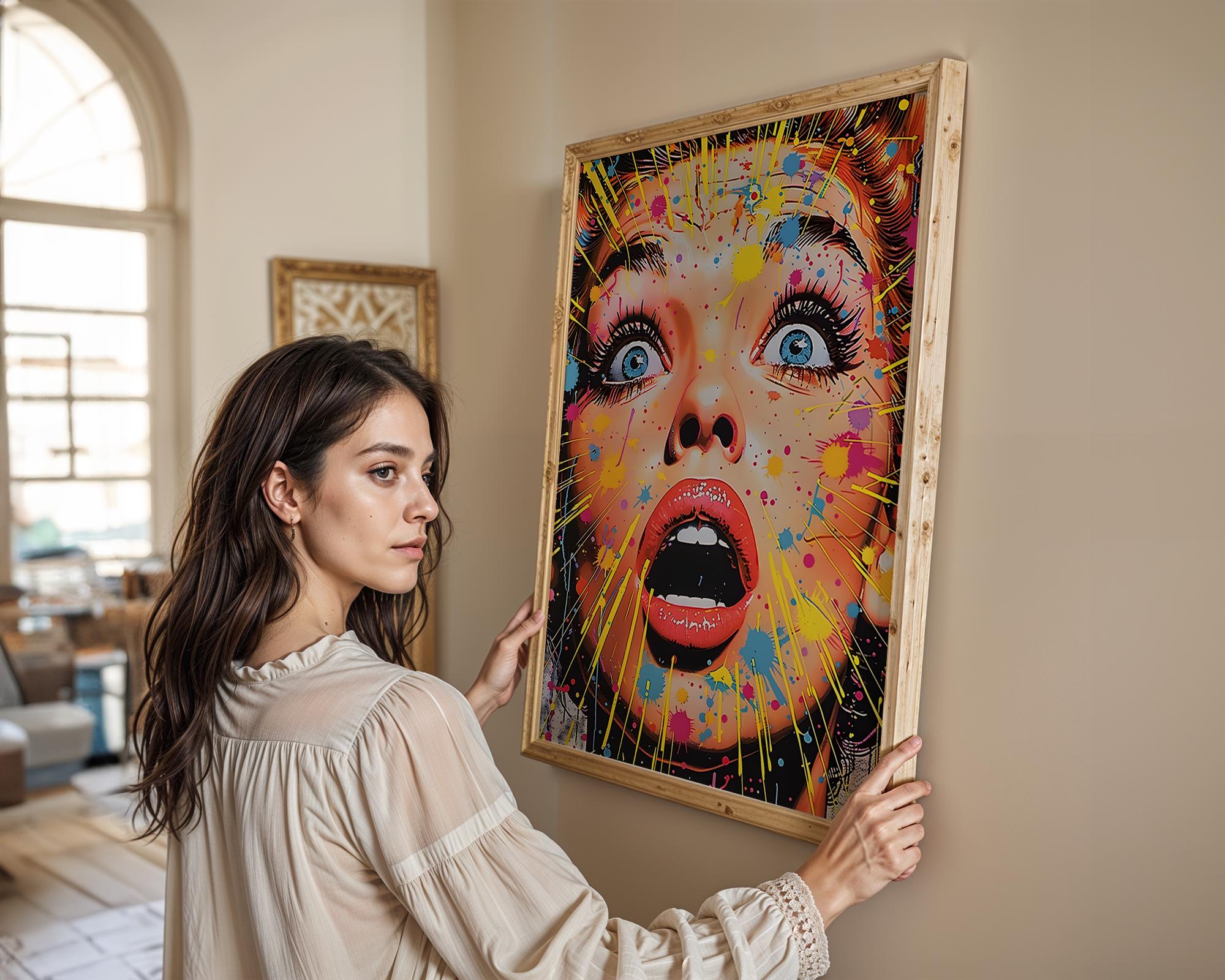 Modern Pop Art | Woman Poster | Shocked Expression, Colorful Paint Splatter wall art print, modern home decor, unframed artwork by Nomad & Nest