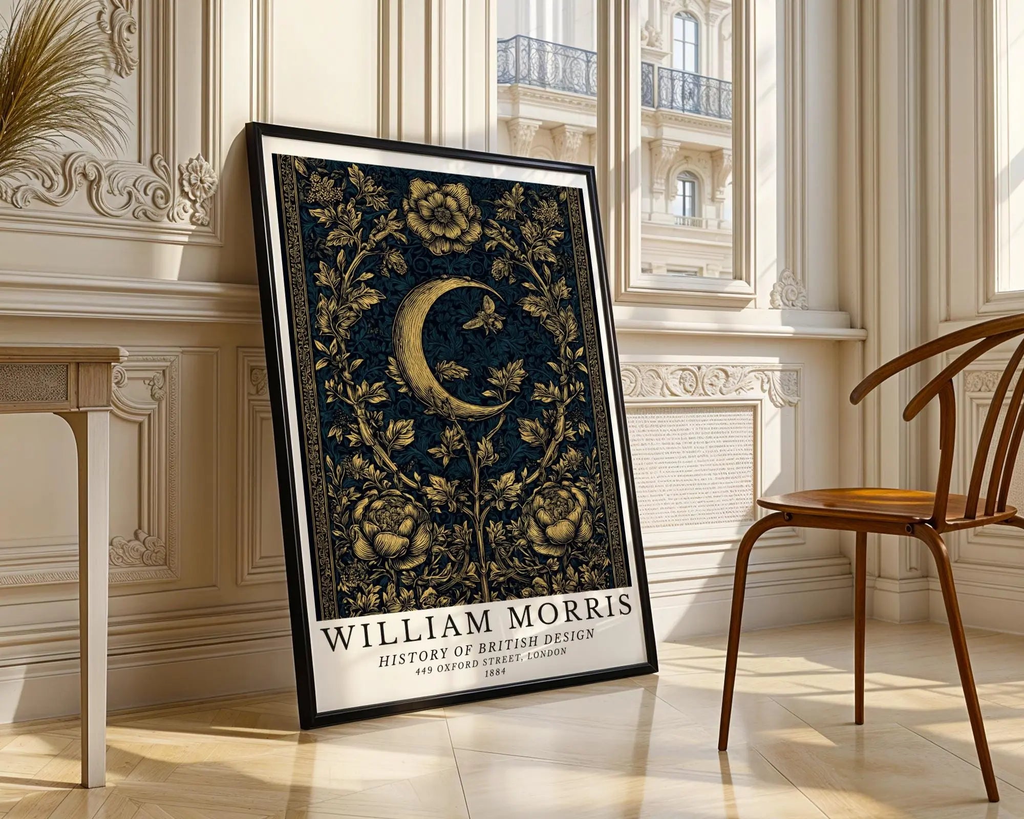 William Morris Print Golden Crescent Moon Art  |  Botanical Dark Floral Poster wall art print, modern home decor, unframed artwork by Nomad & Nest