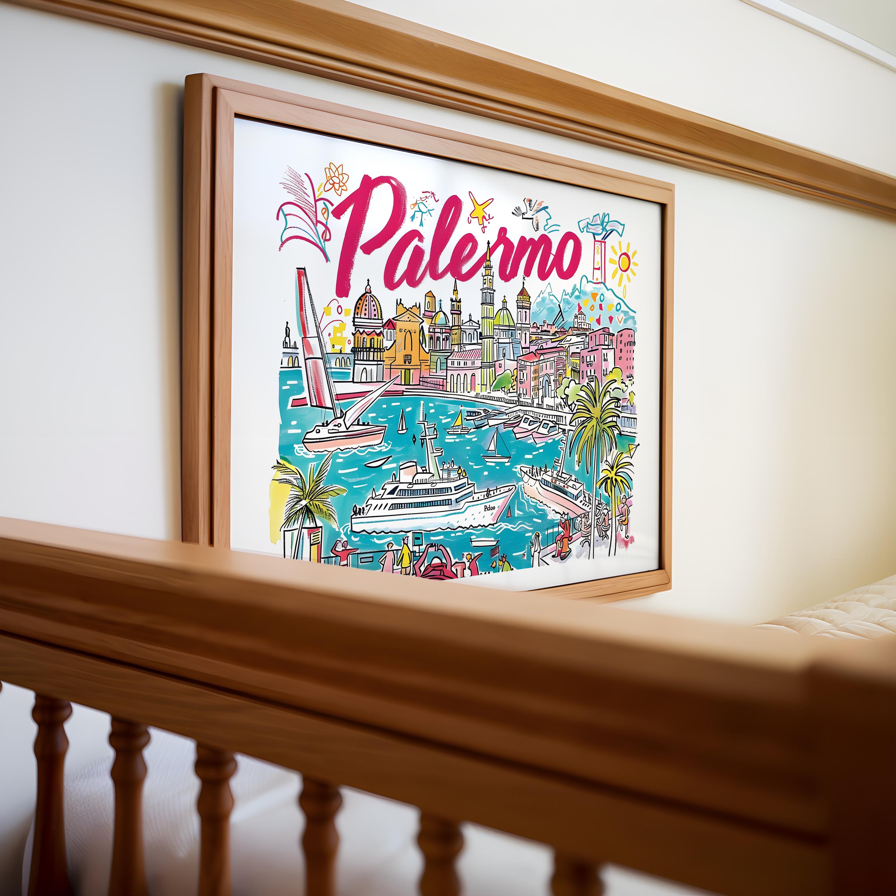 Palermo Italy Travel Poster | Colorful Sicilian Coastline Art Print wall art print, modern home decor, unframed artwork by Nomad & Nest