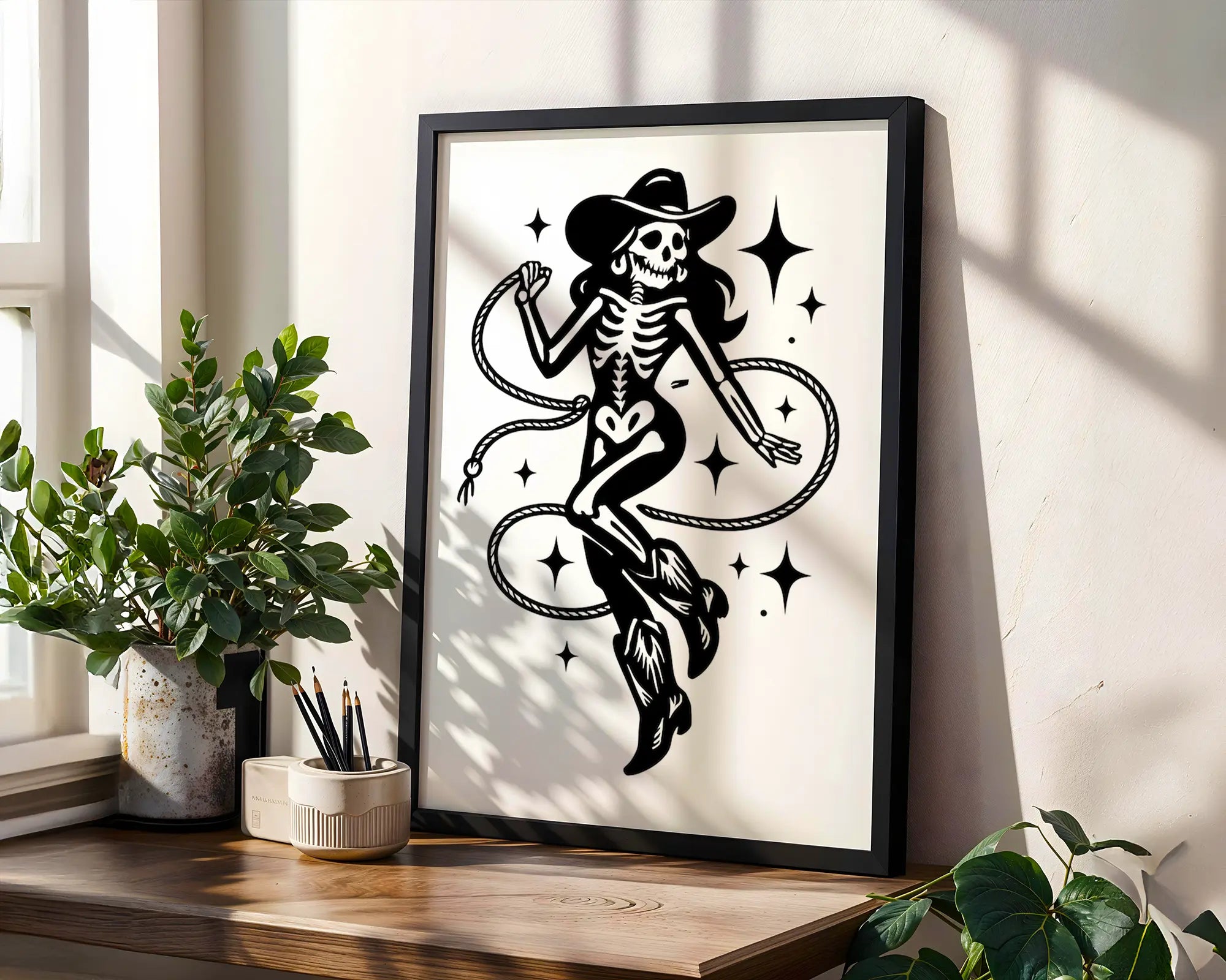 Positive Emotion | Gothic Cowgirl Skeleton Art Print | Western Skull Woman with Lasso, Dark Cowboy Aesthetic Wall Art wall art print, modern home decor, unframed artwork by Nomad & Nest