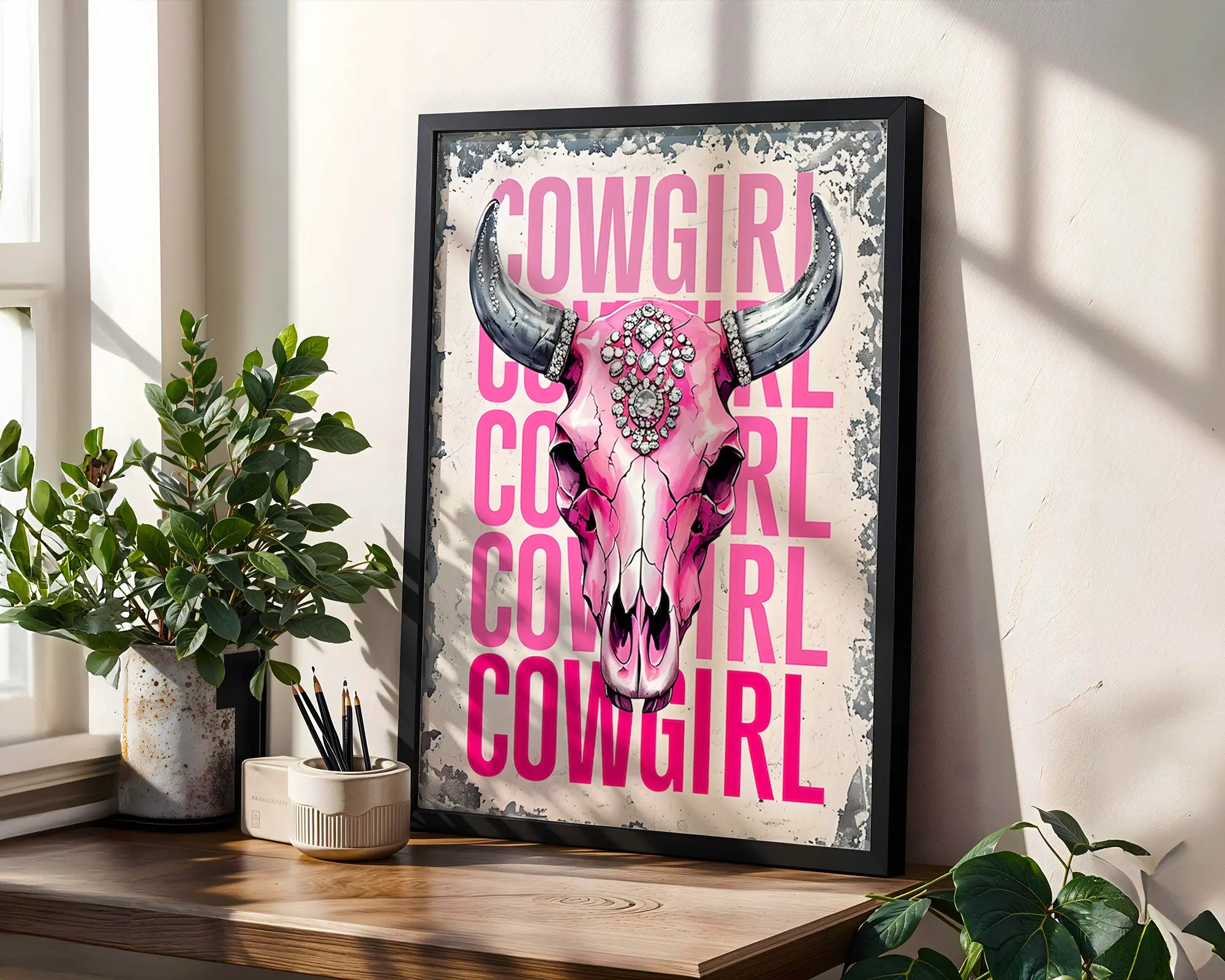 Positive Emotion | Pink Cowgirl Skull Wall Art |Western Glam Decor with Rhinestone Skull, Bold Feminine Cowboy Aesthetic wall art print, modern home decor, unframed artwork by Nomad & Nest