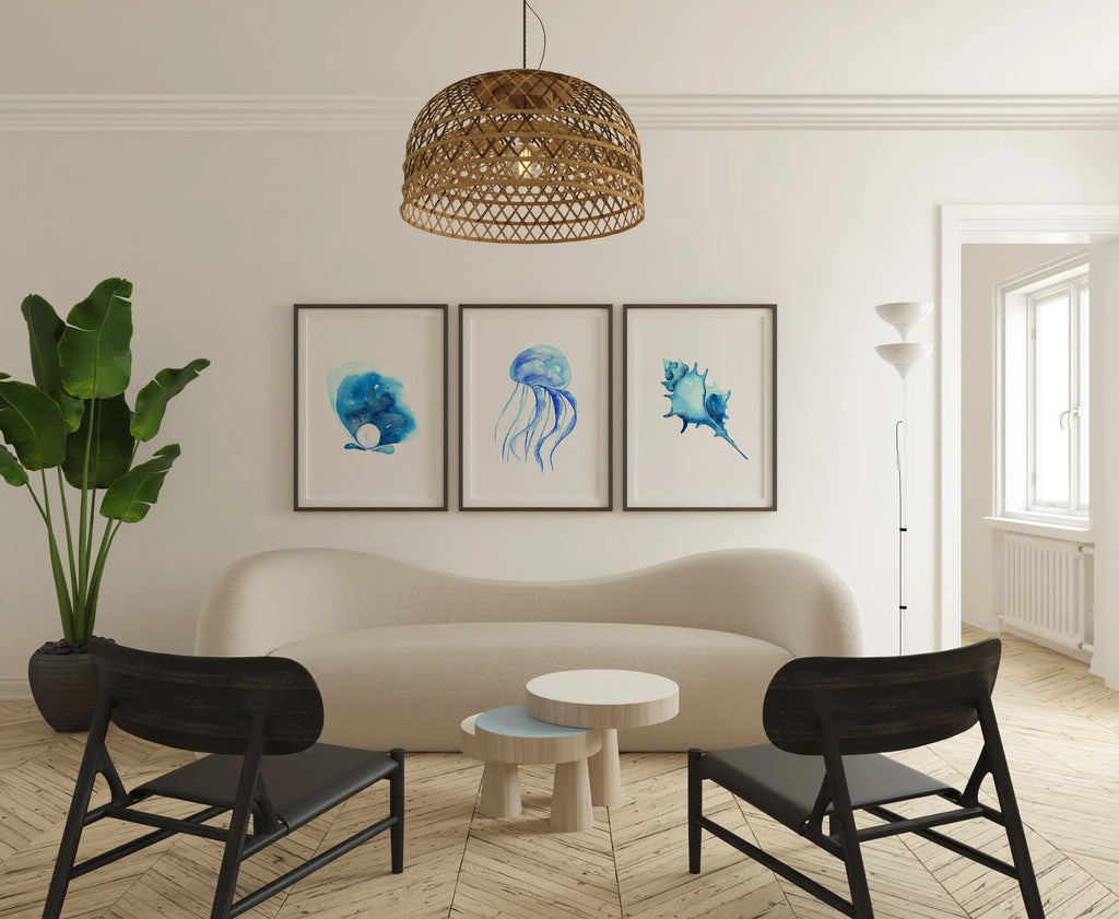 Colourful Prints | Ocean Wall Art Prints | Watercolour Seashell, Jellyfish, Pearl Set (Set of 3) wall art print, modern home decor, unframed artwork by Nomad & Nest