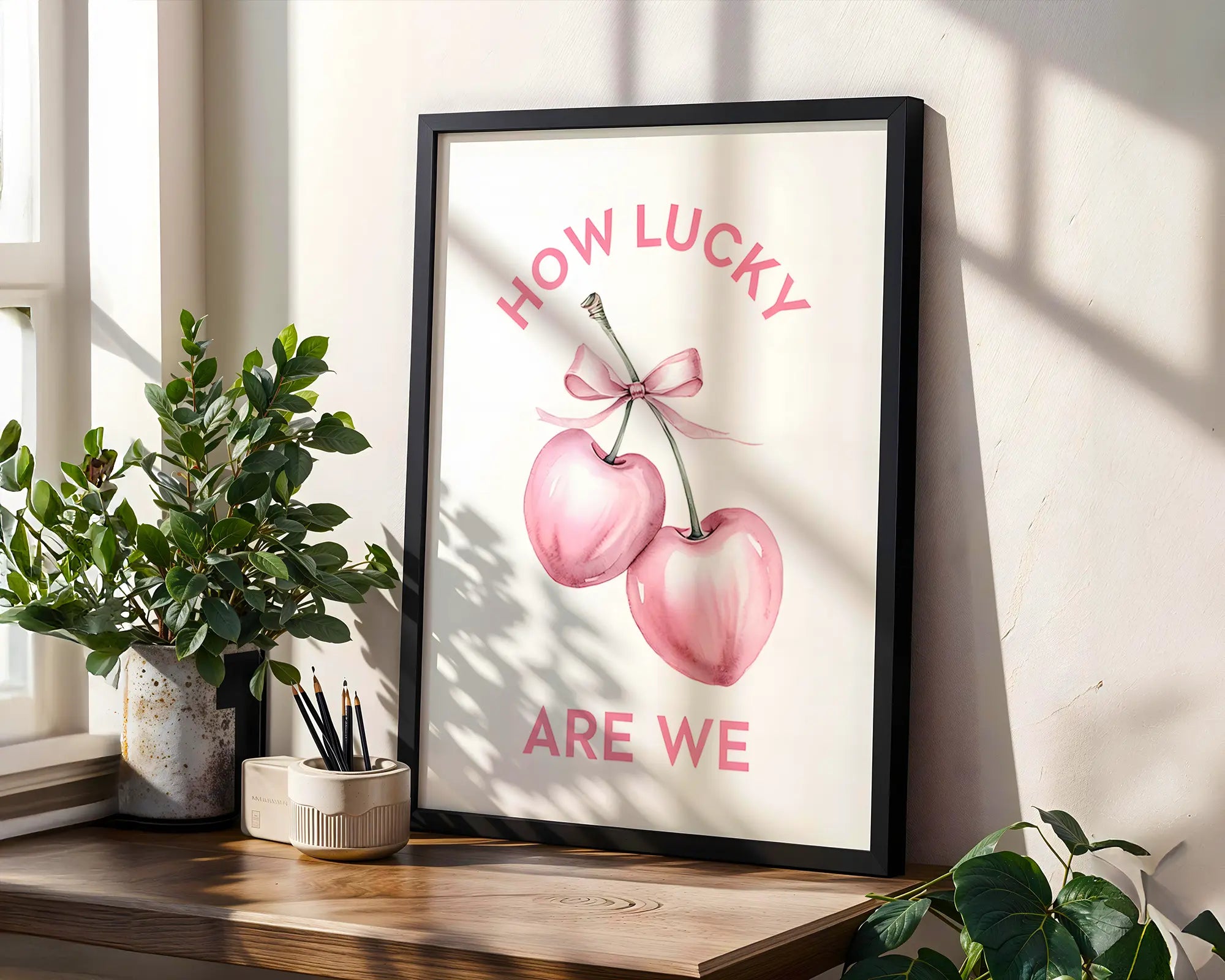 Positive Emotion | How Lucky Are We Wall Art | Pink Cherry Love Quote Print, Romantic Modern Typography Art wall art print, modern home decor, unframed artwork by Nomad & Nest