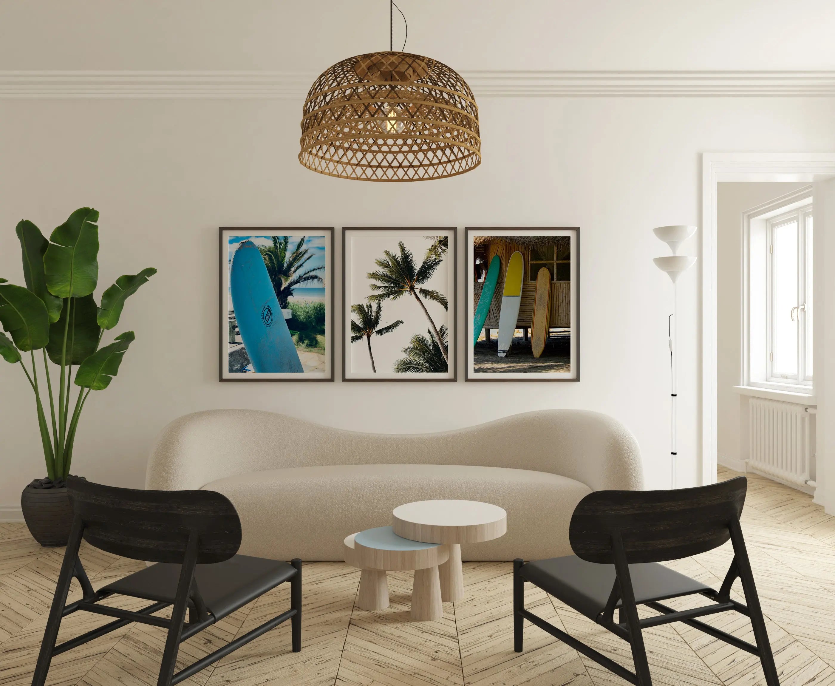 Colourful Prints | Tropical Surfboard & Palm Tree Print Set, Coastal Photography Wall Art (Set of 3) wall art print, modern home decor, unframed artwork by Nomad & Nest