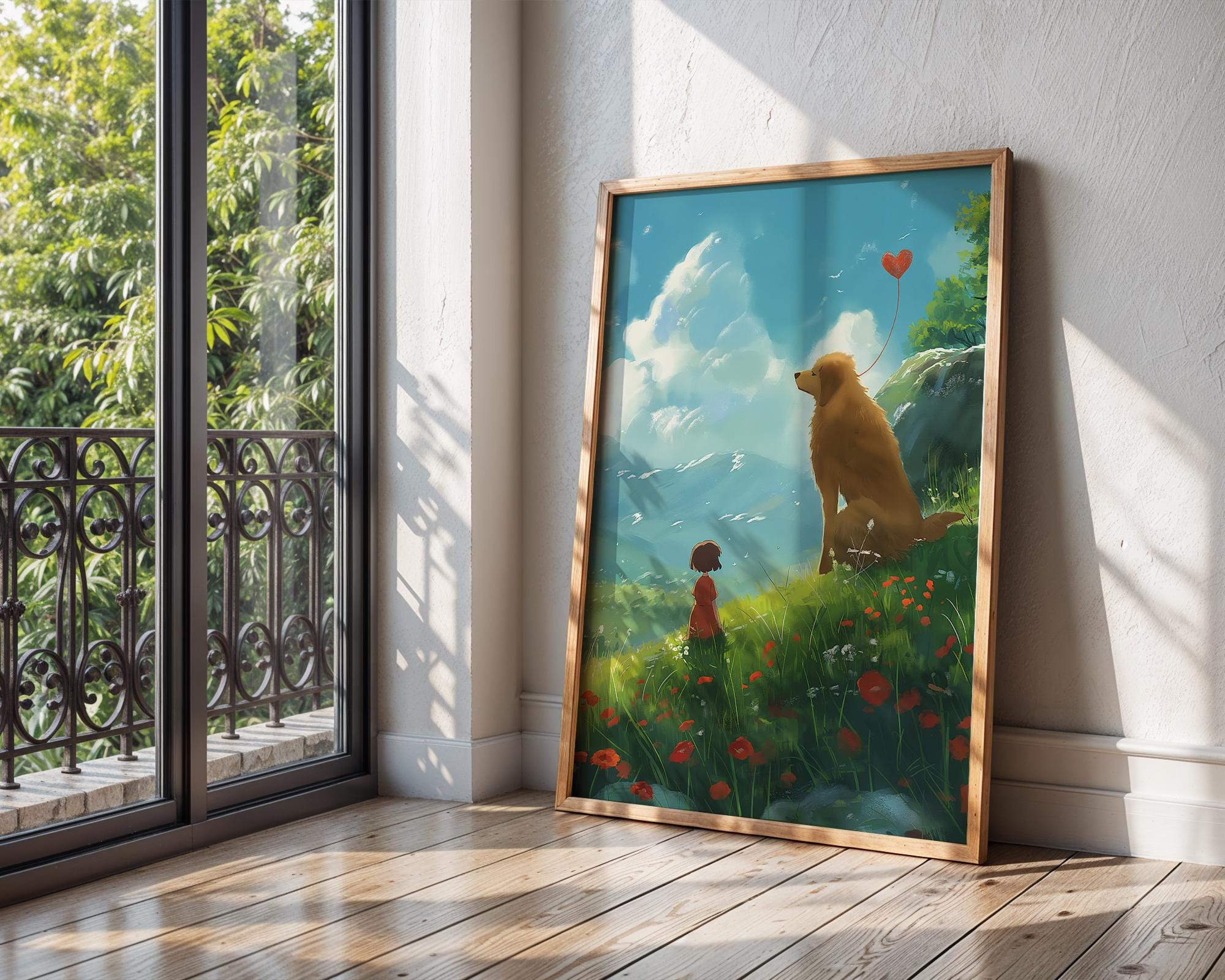 Girl and Dog Meadow Art Print | Whimsical Animal Illustration wall art print, modern home decor, unframed artwork by Nomad & Nest