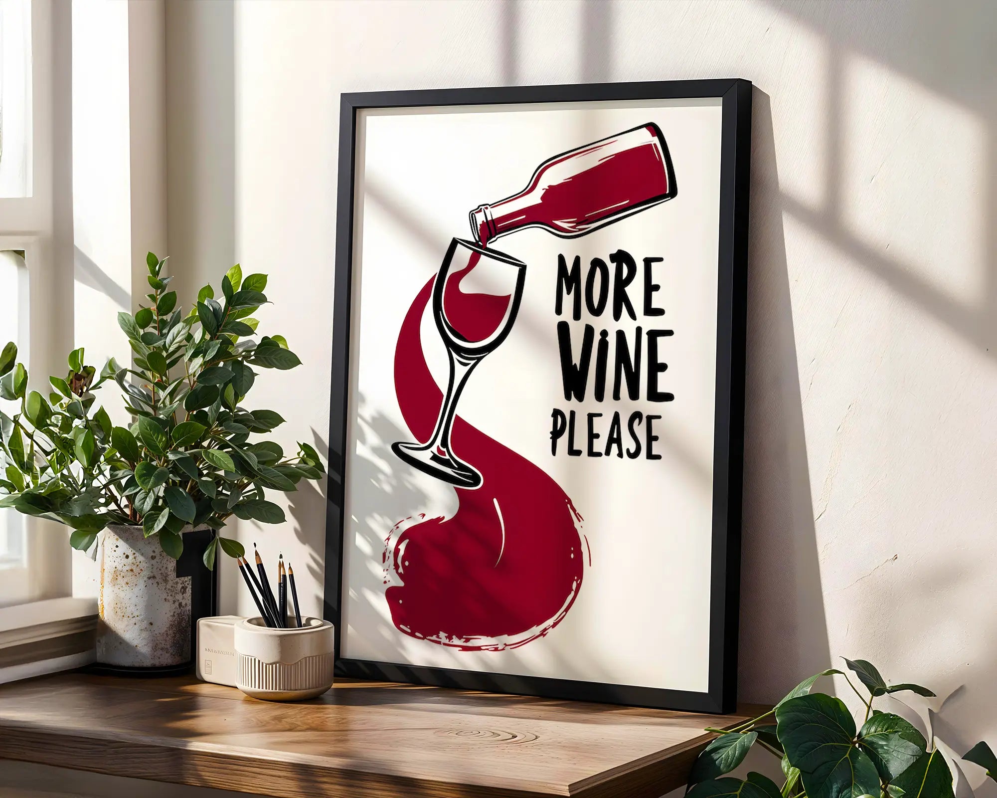 Positive Emotion | More Wine Please Wall Art | Funny Wine Quote Print, Modern Kitchen & Bar Decor wall art print, modern home decor, unframed artwork by Nomad & Nest