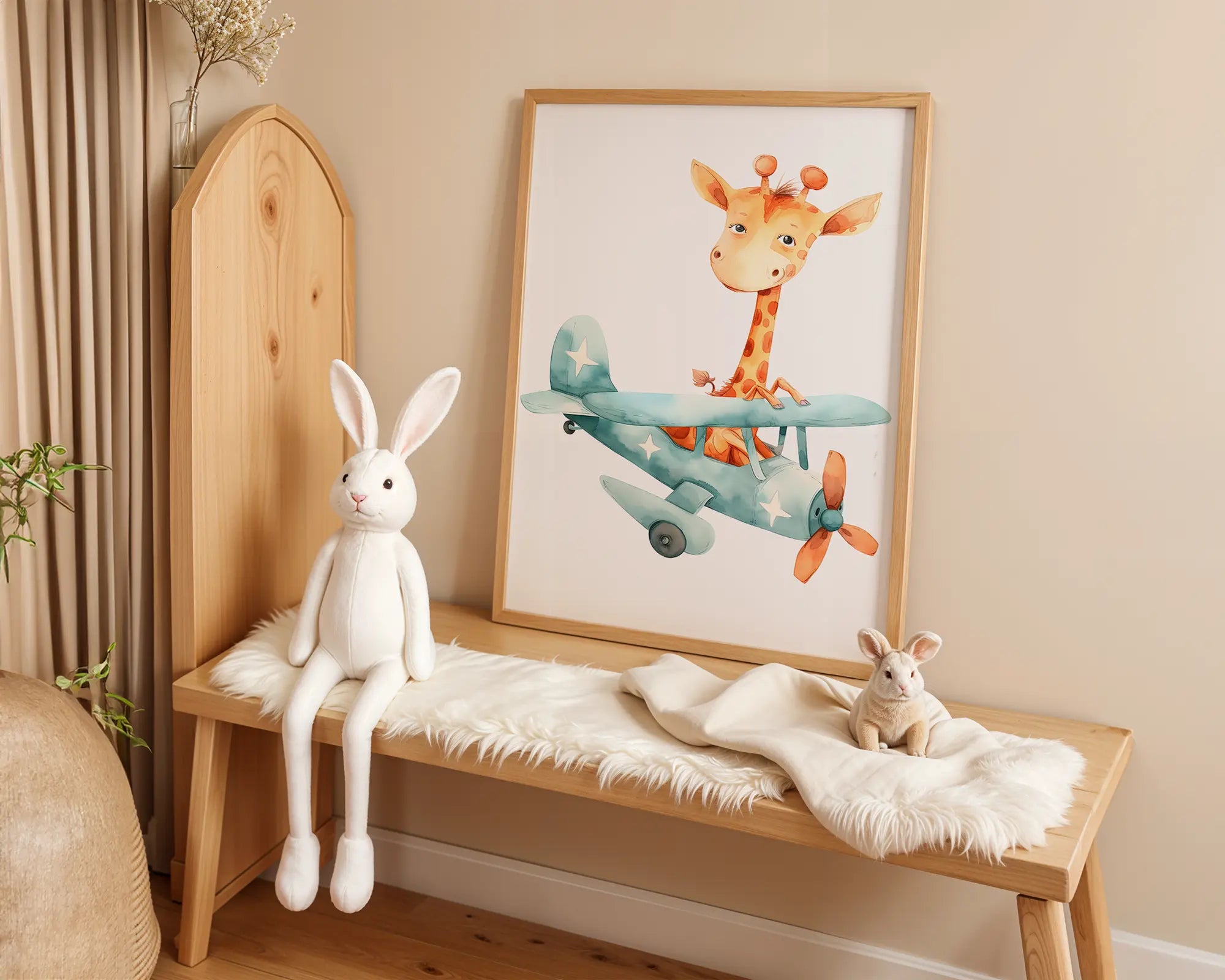 Playroom Ideas | Giraffe Airplane Nursery Print | Neutral Safari Decor wall art print, modern home decor, unframed artwork by Nomad & Nest