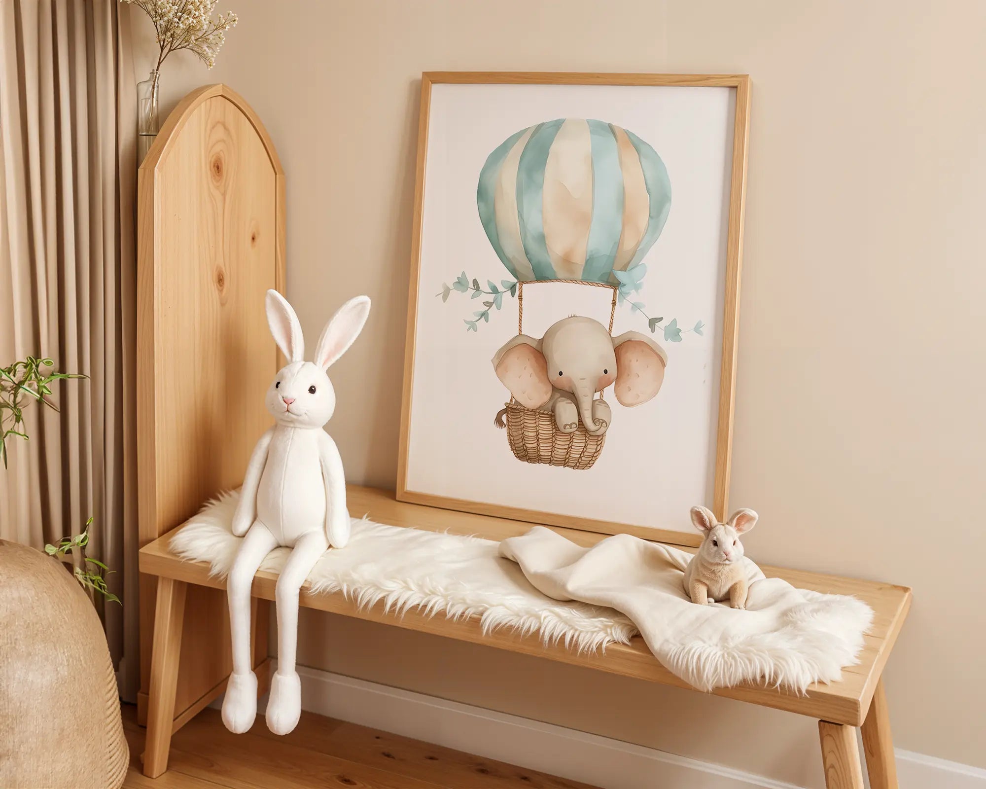 Playroom Ideas | Elephant Hot Air Balloon Nursery Art | Blush Safari Baby Decor wall art print, modern home decor, unframed artwork by Nomad & Nest