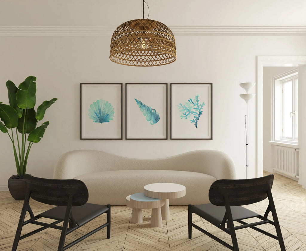 Colourful Prints | Aqua Coral & Shell Prints (Set of 3) wall art print, modern home decor, unframed artwork by Nomad & Nest