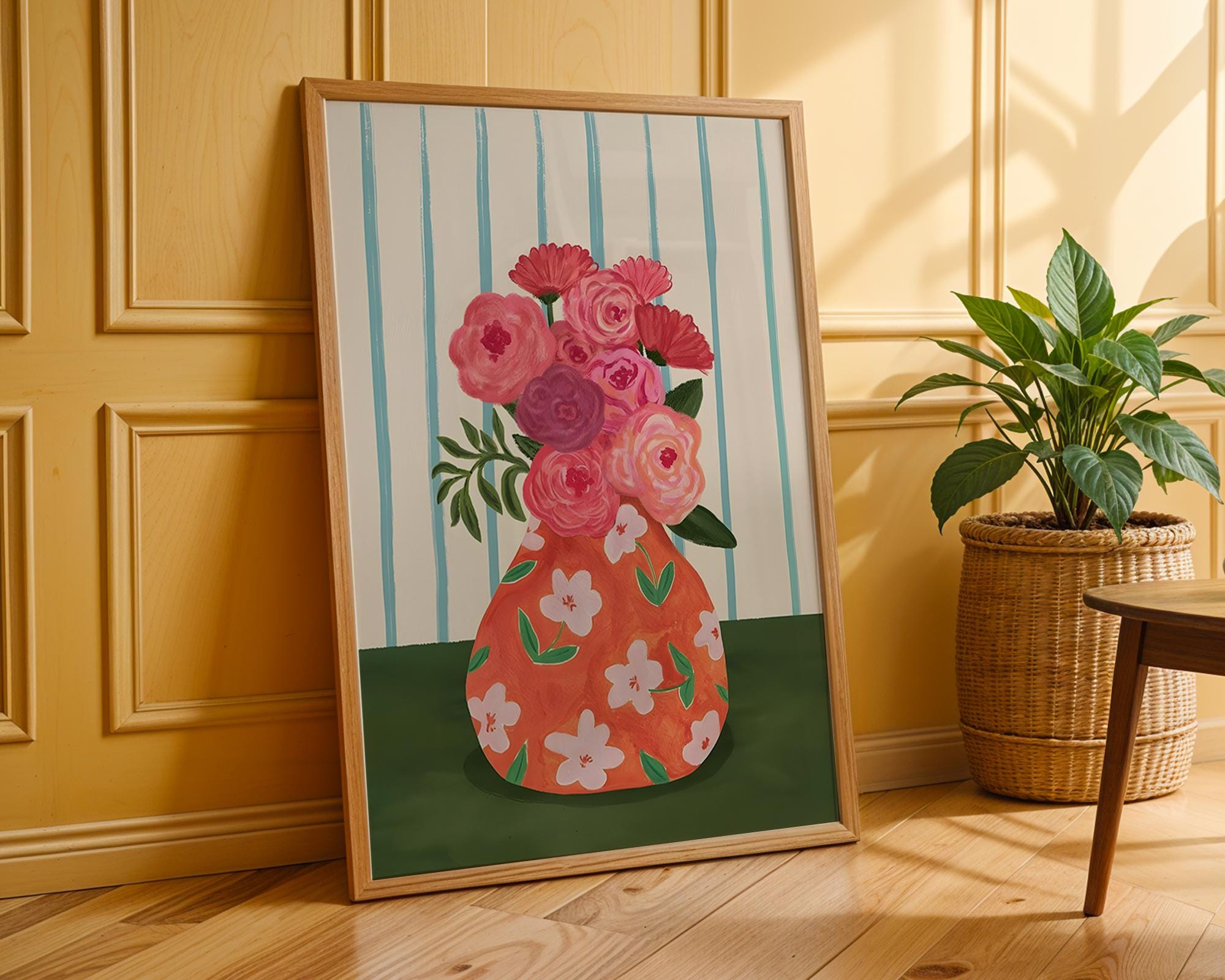 Floral Vase Art Print | Pink Flowers, Orange Pattern (Unframed) wall art print, modern home decor, unframed artwork by Nomad & Nest