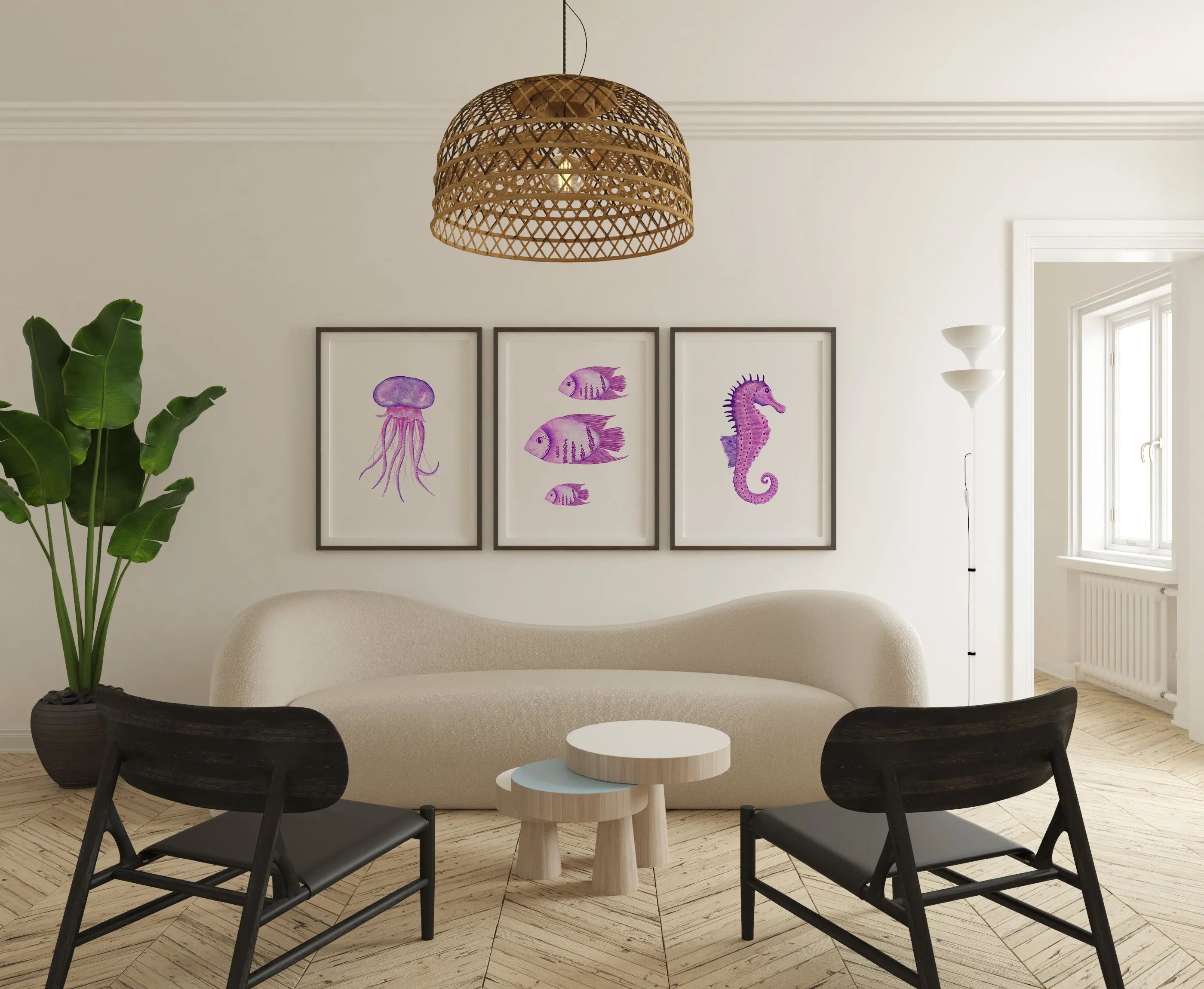 Colourful Prints | Purple Ocean Watercolour Print Set |Seahorse, Jellyfish & Fish Wall Art (Set of 3) wall art print, modern home decor, unframed artwork by Nomad & Nest