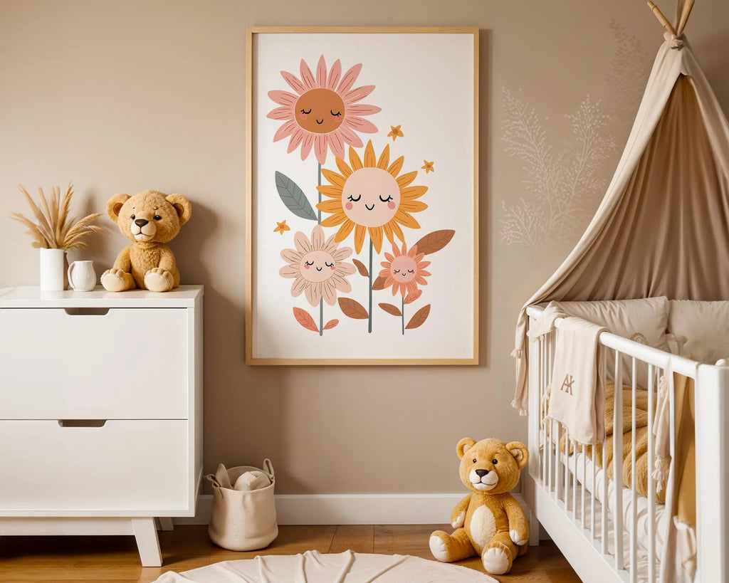 Playroom Ideas | Smiling Sunflower Nursery Art | Boho Floral Baby Print wall art print, modern home decor, unframed artwork by Nomad & Nest