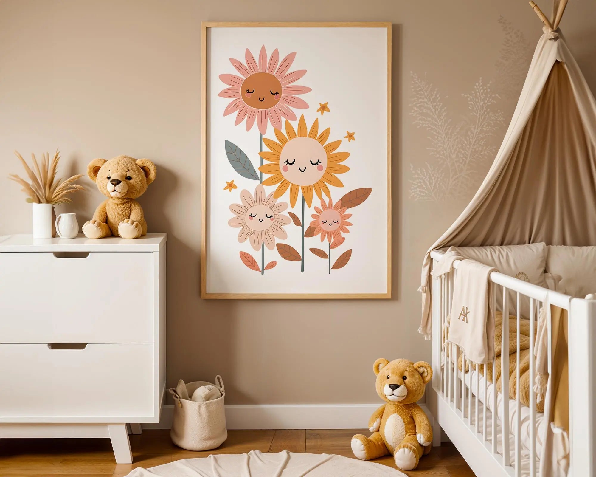 Playroom Ideas | Smiling Sunflower Nursery Art | Boho Floral Baby Print wall art print, modern home decor, unframed artwork by Nomad & Nest