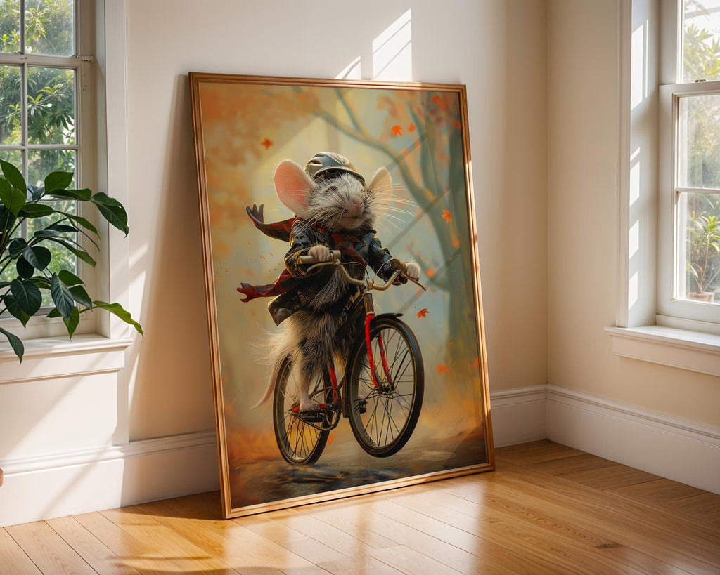Autumn Mouse Bicycle Print | Whimsical Animal Art, Kids Room Decor wall art print, modern home decor, unframed artwork by Nomad & Nest