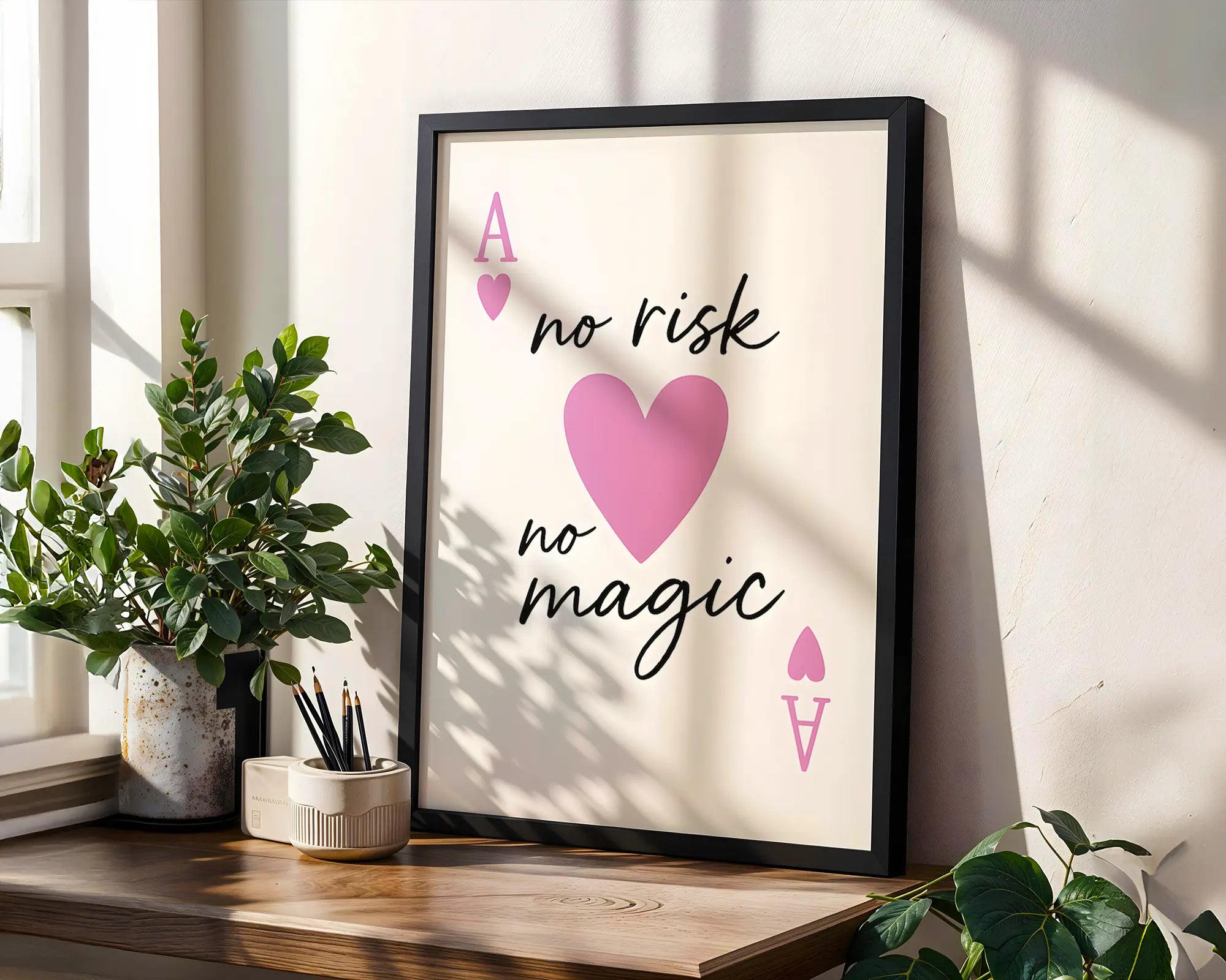 Positive Emotion | No Risk No Magic Wall Art |Motivational Quote Print with Pink Heart Playing Card Design wall art print, modern home decor, unframed artwork by Nomad & Nest
