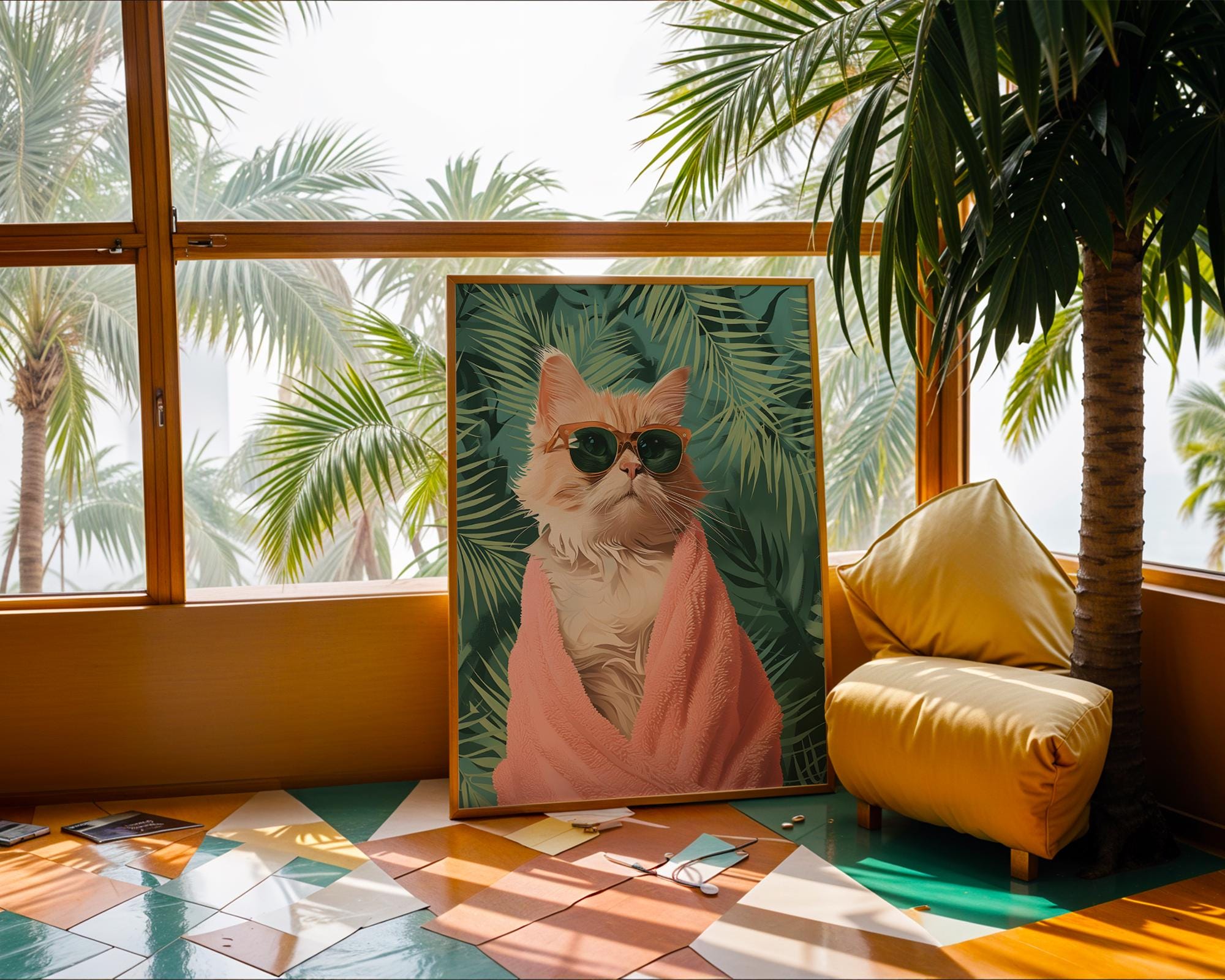 Colourful Prints | Tropical Ginger Cat Art Print | Funny Pink Towel, Palm Leaf Decor wall art print, modern home decor, unframed artwork by Nomad & Nest