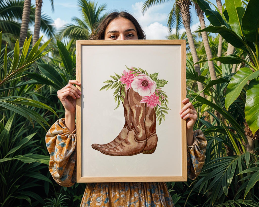 Floral Cowgirl Boot Print | Rustic Western Wall Art wall art print, modern home decor, unframed artwork by Nomad & Nest
