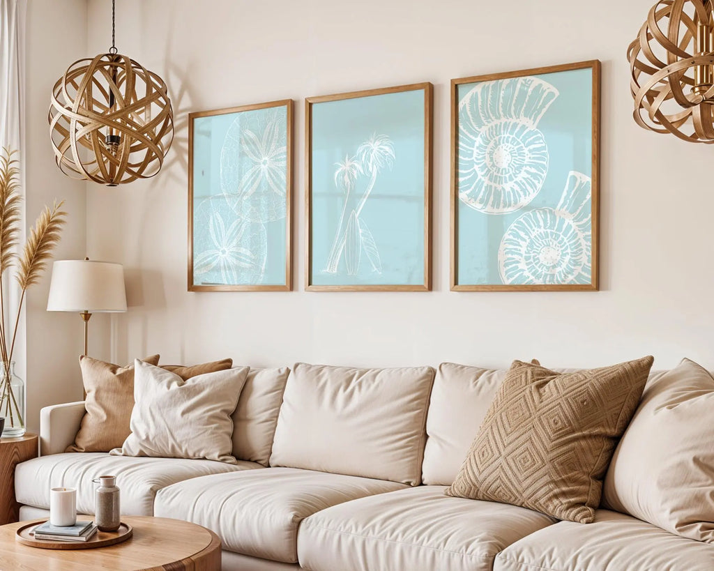 Colourful Prints | Blue Coastal Print Set | Seashells, Palms, Sand Dollars Wall Art wall art print, modern home decor, unframed artwork by Nomad & Nest